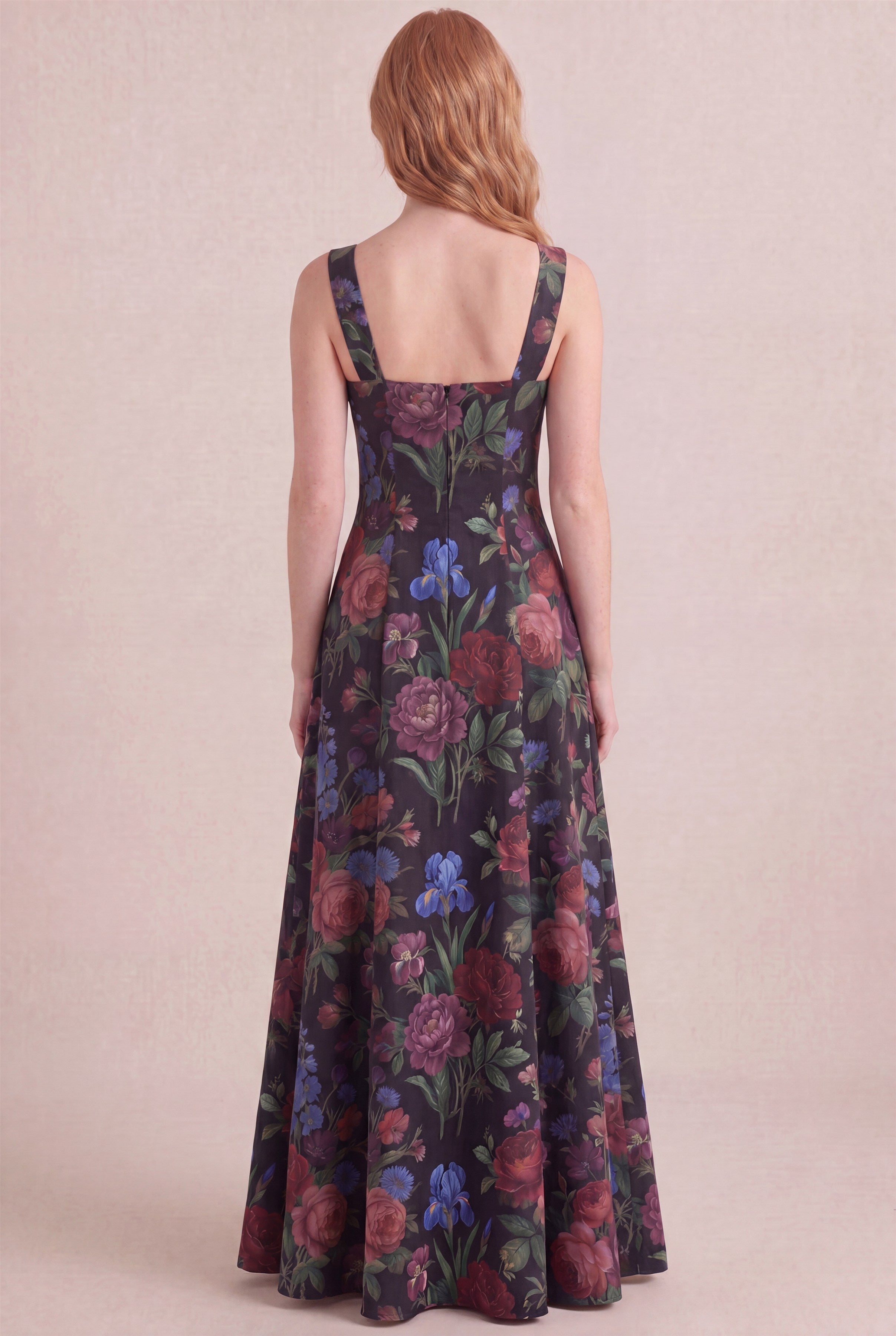 Midnight Rose Floral Dress – Square neck thick straps back, maxi length, back view