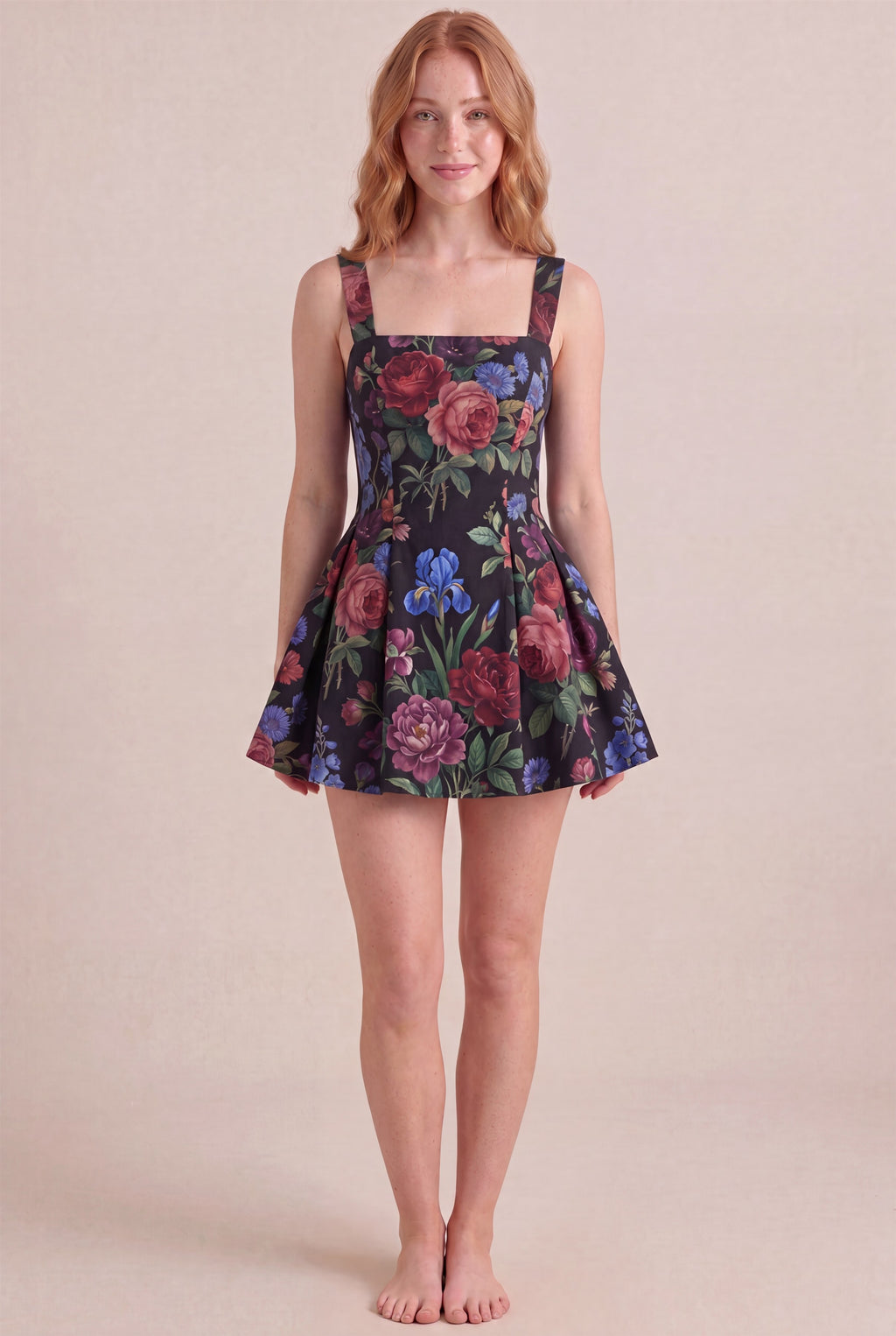 Midnight Rose Floral Dress – Square neckline thick straps, midi length, front view