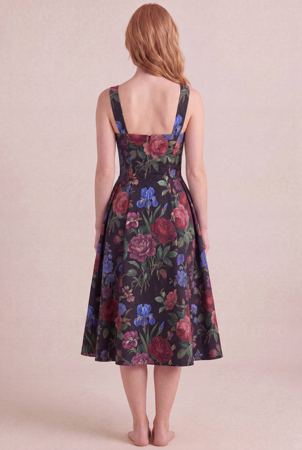 Midnight Rose Floral Dress – Square neck thick straps back, midi length, back view