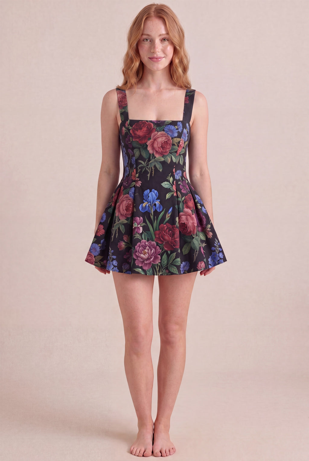 Midnight Rose Floral Dress – Square neckline thick straps, mini length, front view