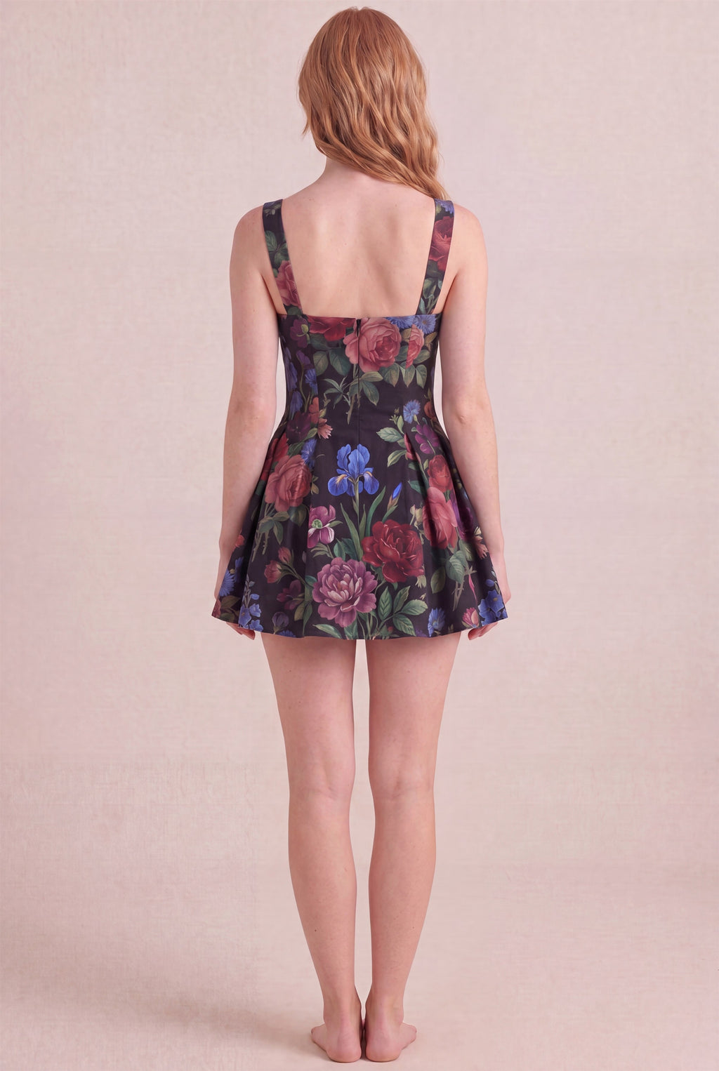 Midnight Rose Floral Dress – Square neck thick straps back, mini length, back view