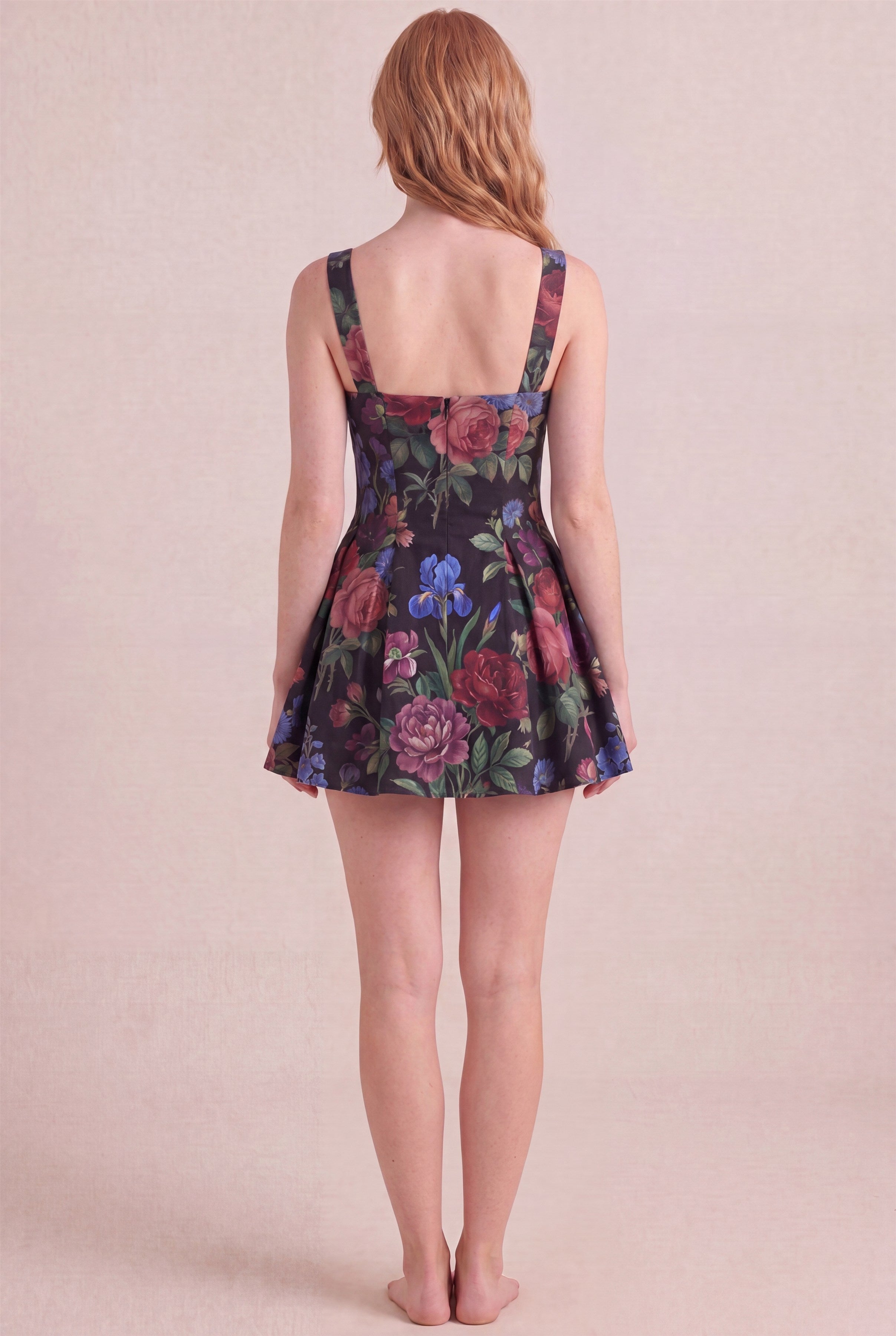 Midnight Rose Floral Dress – Square neck thick straps back, mini length, back view