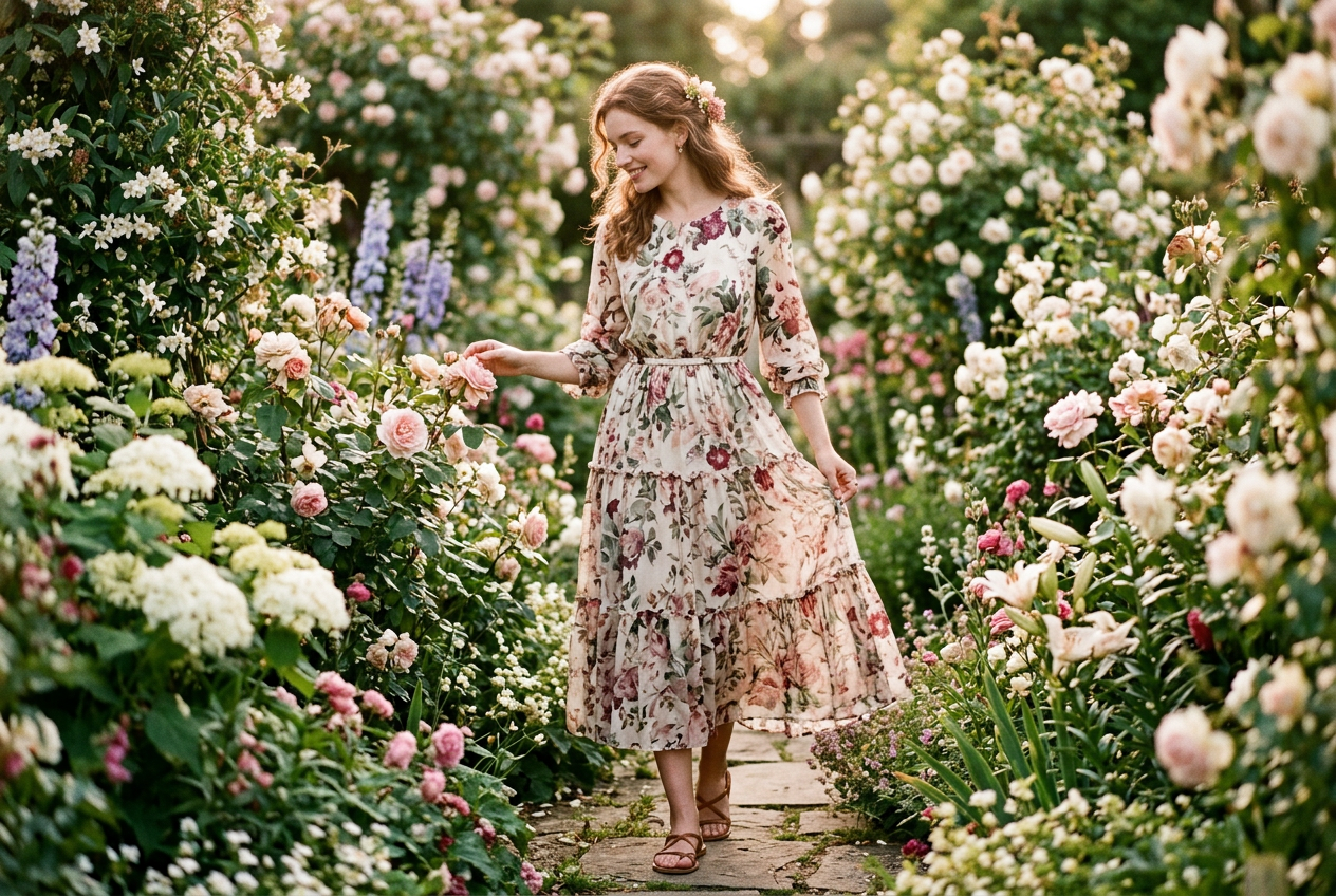 Saint Vael brand story - model among blooming flowers