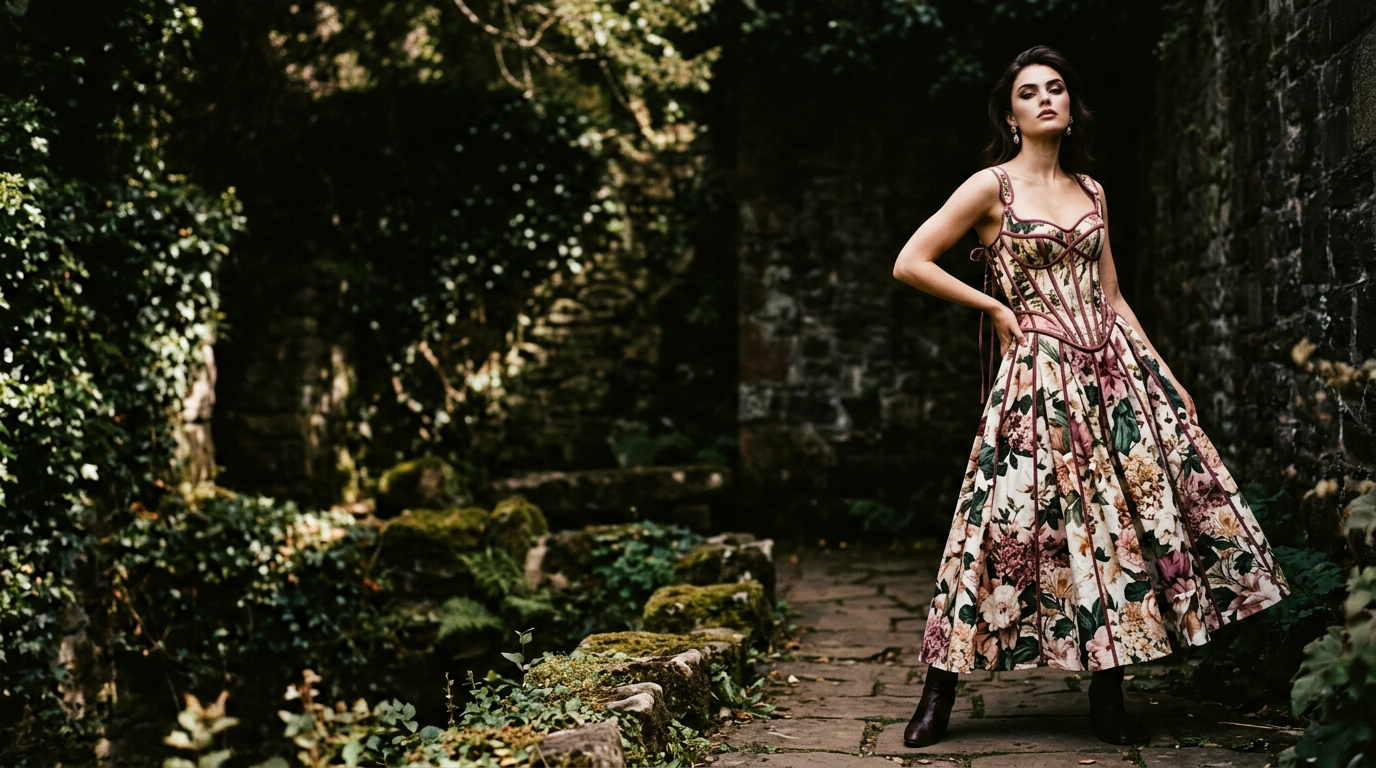 The Corset Edit - model in a structured floral corset dress