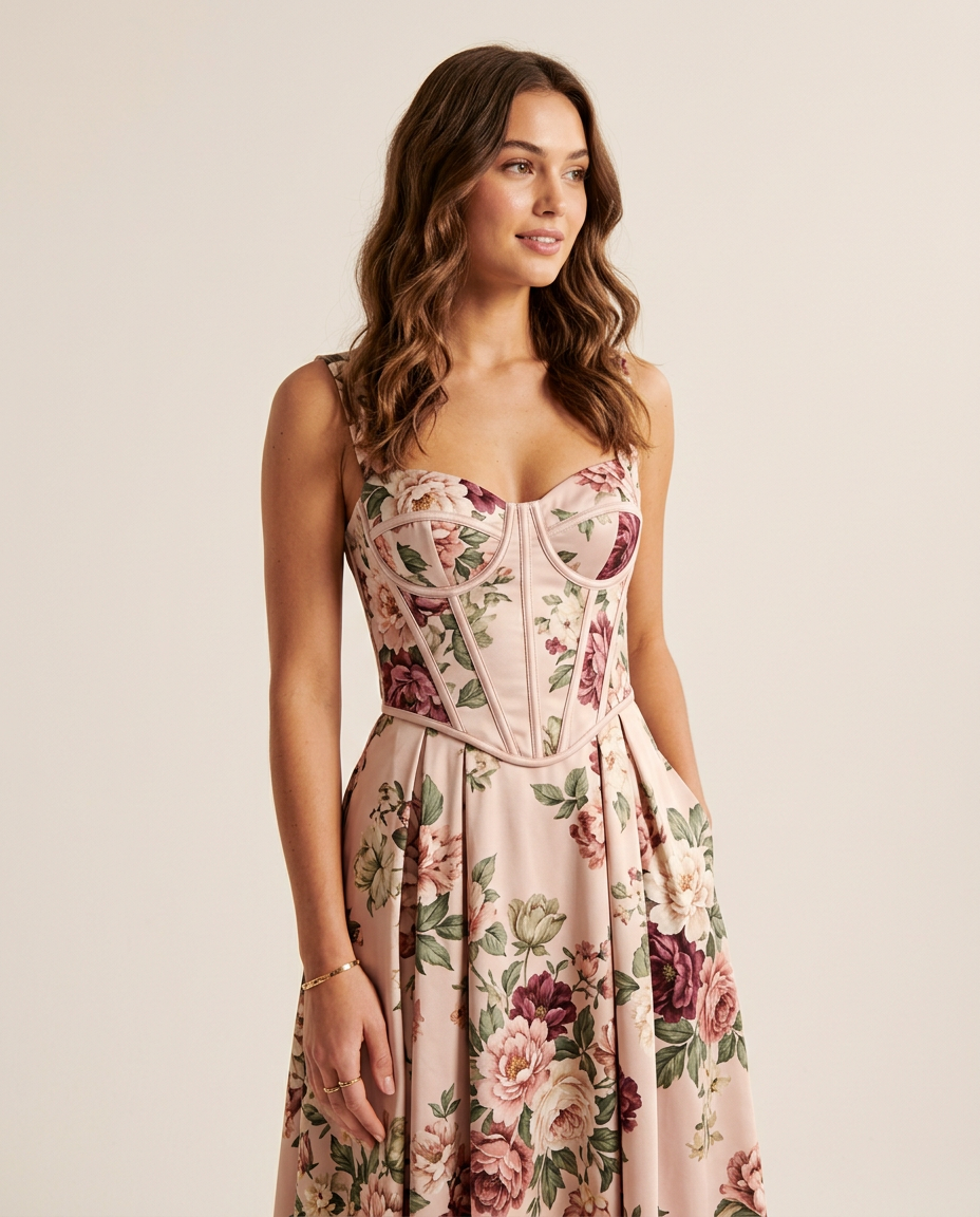 Camille corset midi floral dress detail