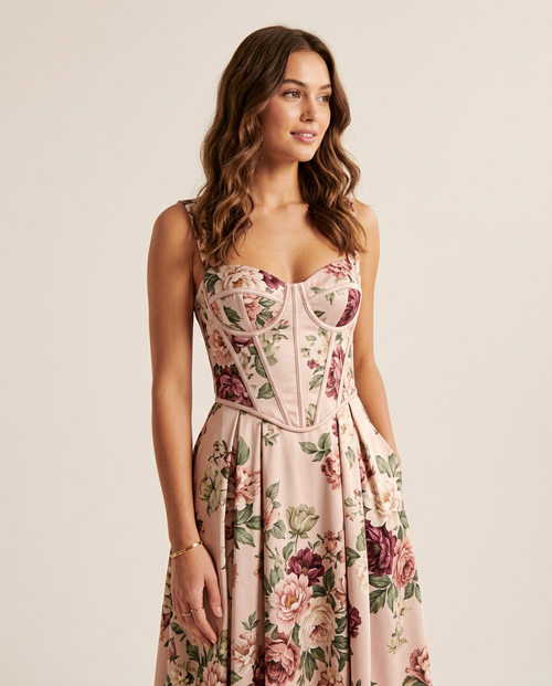 Camille corset midi floral dress detail