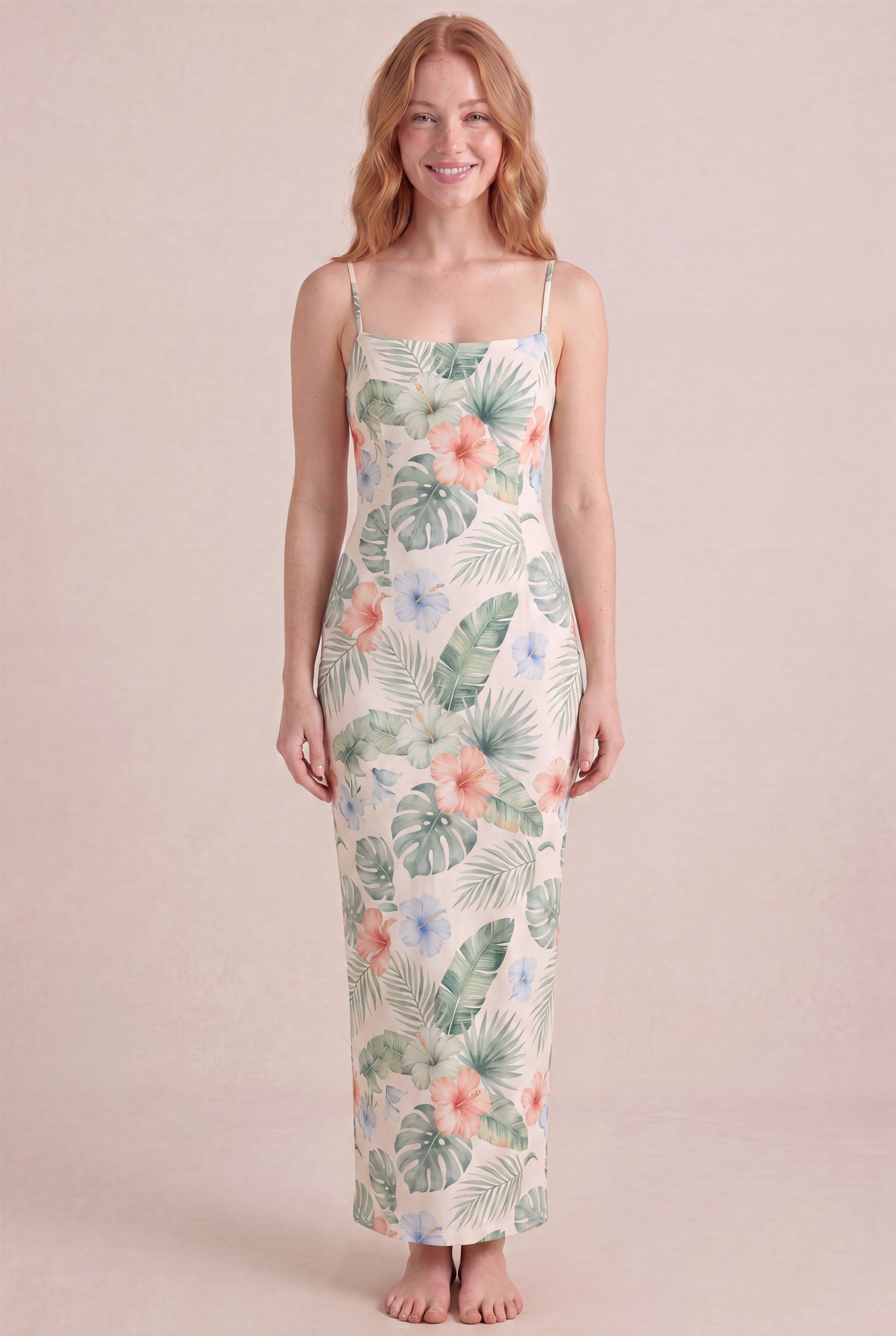 Island Aquarelle Floral Dress – Bodycon body-hugging column, maxi length, front view