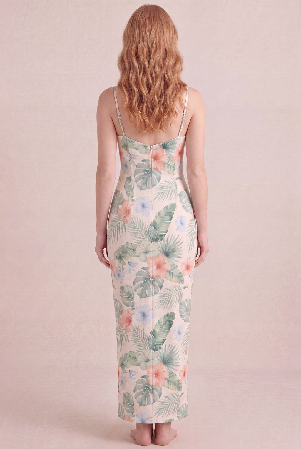 Island Aquarelle Floral Dress – Bodycon low scoop back, maxi length, back view