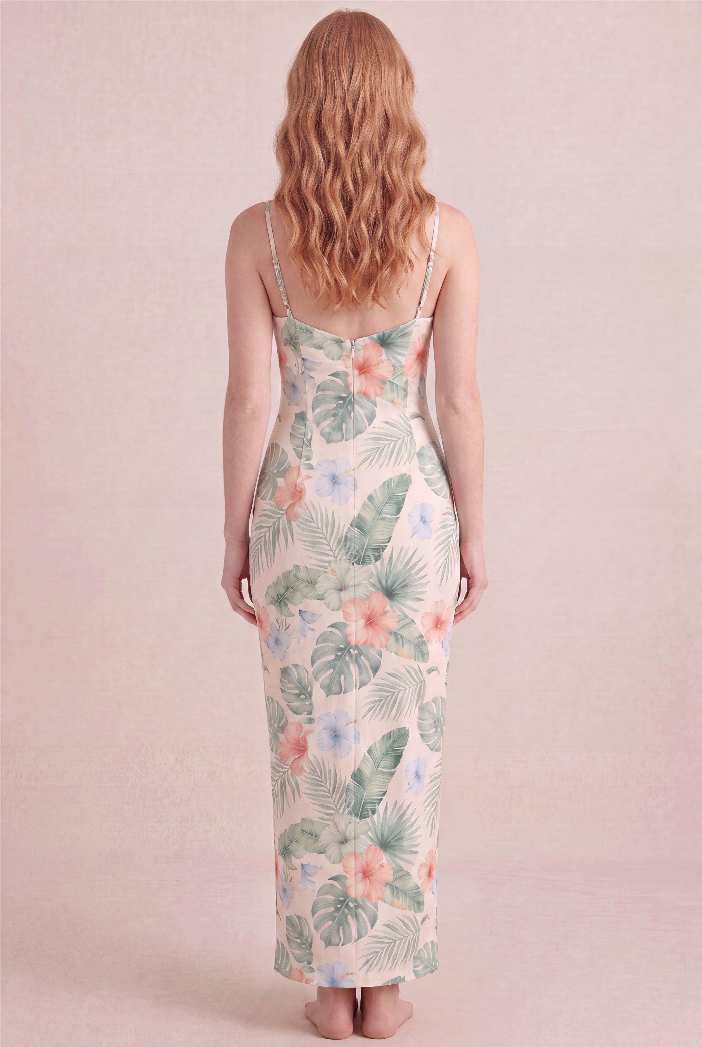 Island Aquarelle Floral Dress – Bodycon low scoop back, maxi length, back view