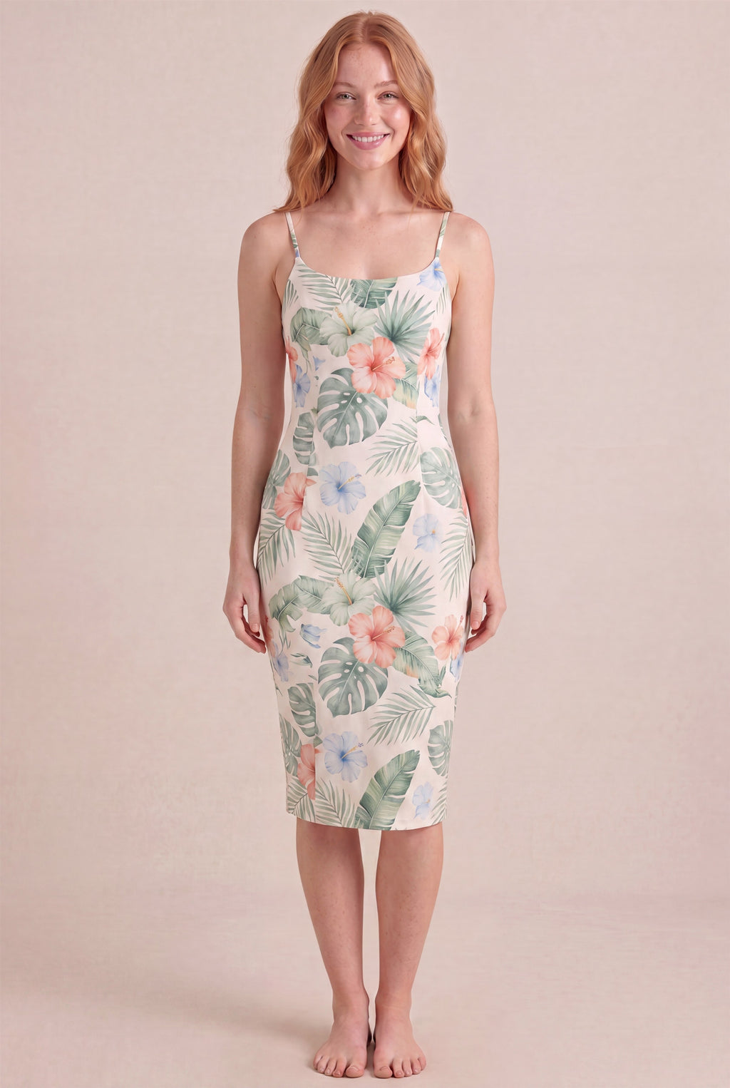Island Aquarelle Floral Dress – Bodycon body-hugging fit, midi length, front view