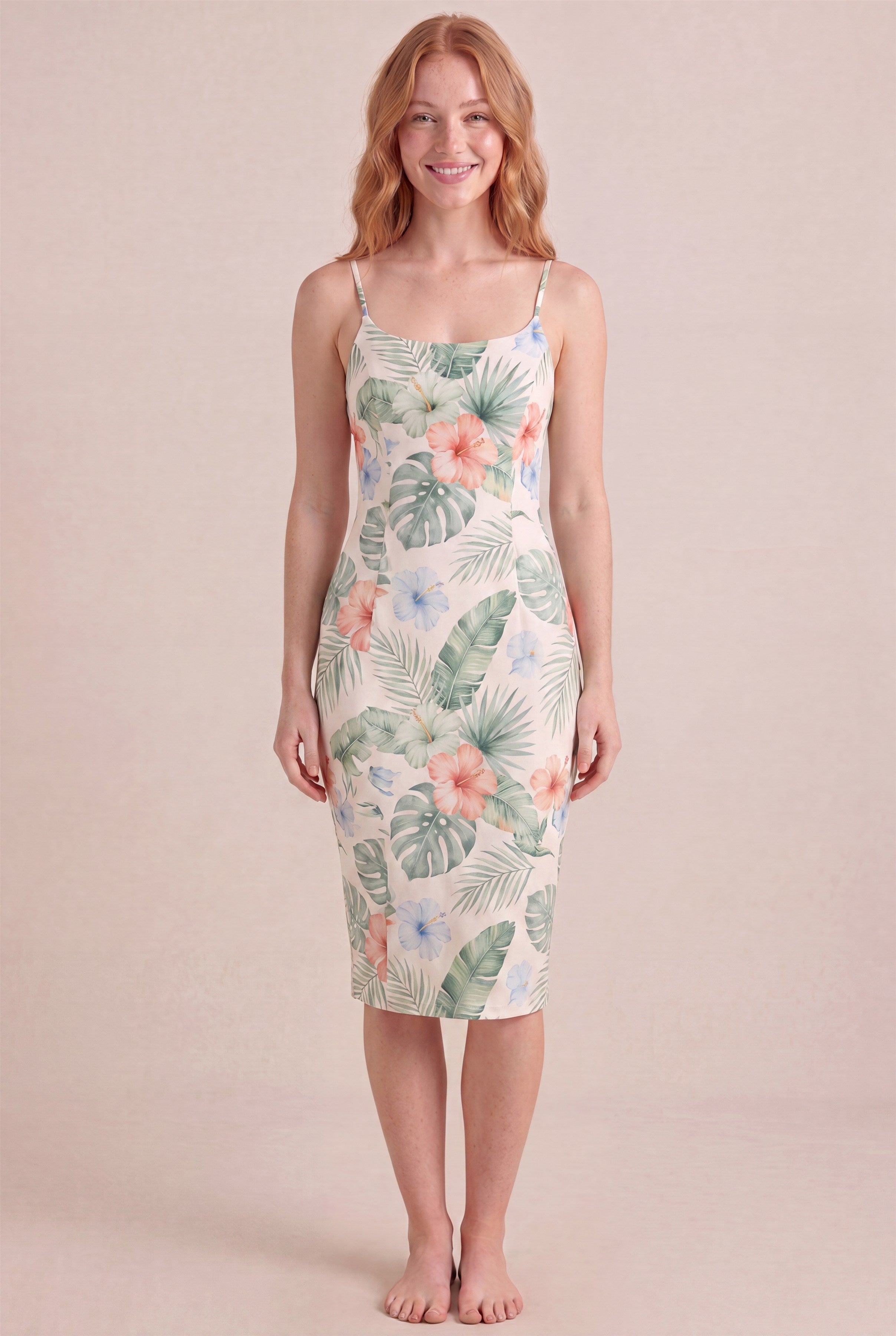 Island Aquarelle Floral Dress – Bodycon body-hugging fit, midi length, front view