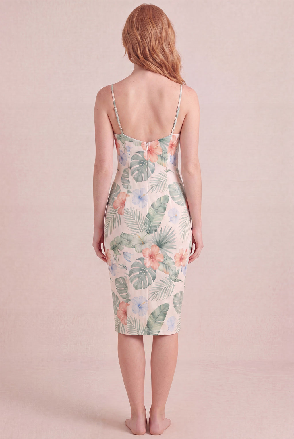Island Aquarelle Floral Dress – Bodycon low scoop back, midi length, back view