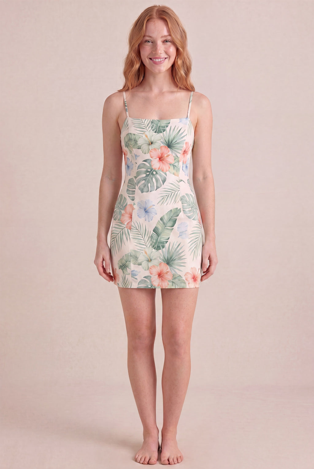 Island Aquarelle Floral Dress – Bodycon body-hugging fit, mini length, front view