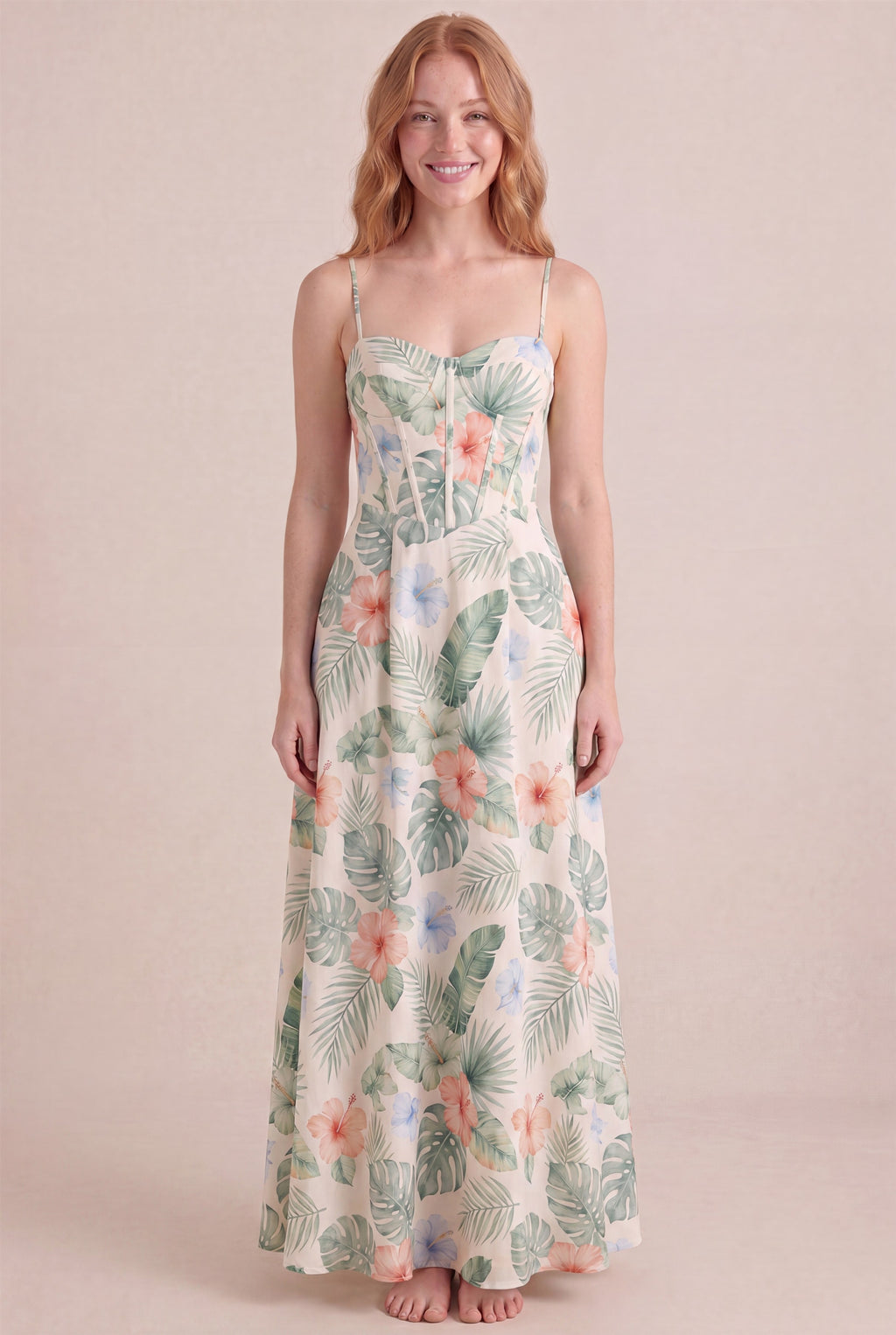Island Aquarelle Floral Dress – Corset sweetheart bustier, maxi length, front view