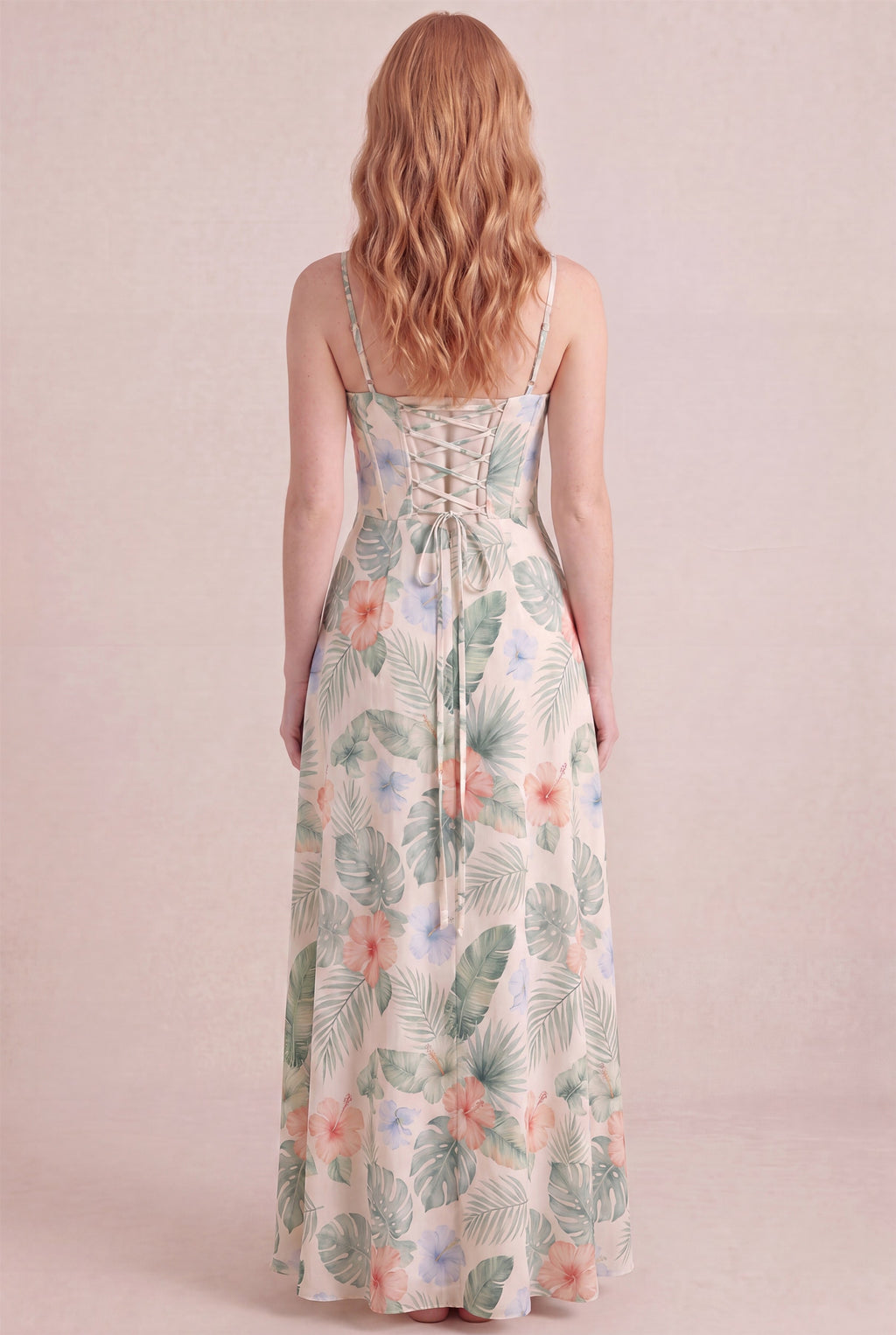 Island Aquarelle Floral Dress – Corset lace-up back, maxi length, back view