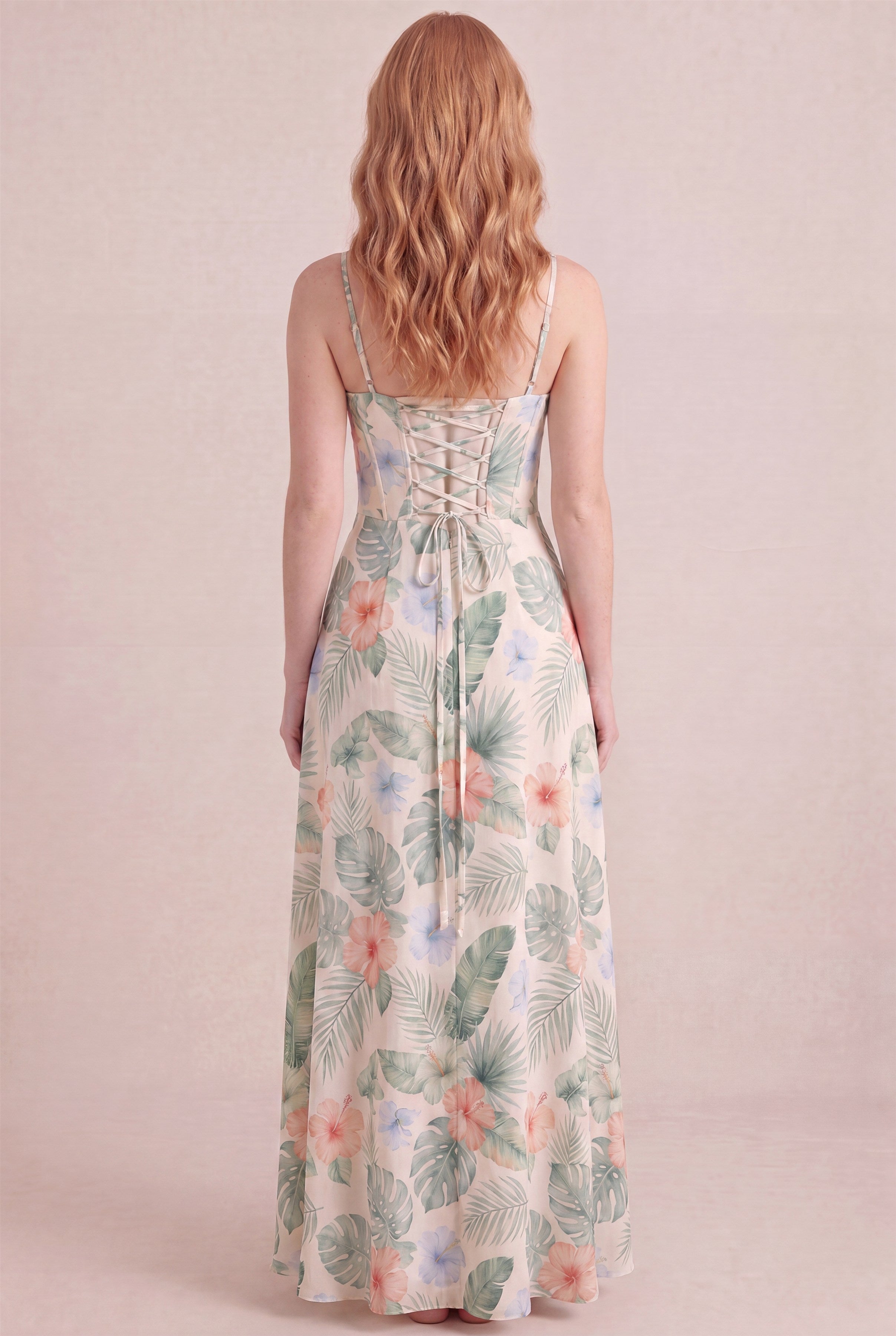 Island Aquarelle Floral Dress – Corset lace-up back, maxi length, back view