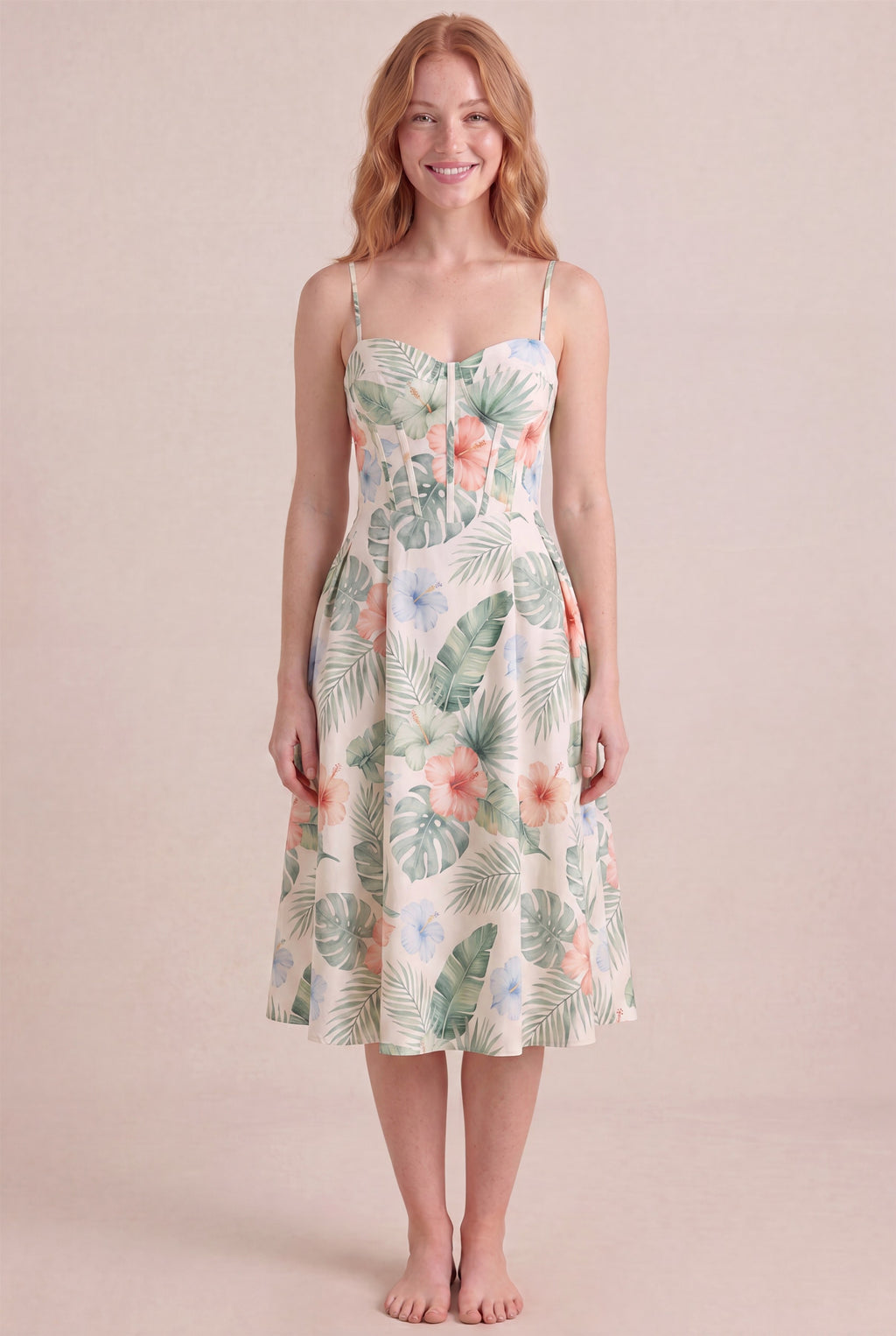 Island Aquarelle Floral Dress – Corset sweetheart bustier, midi length, front view