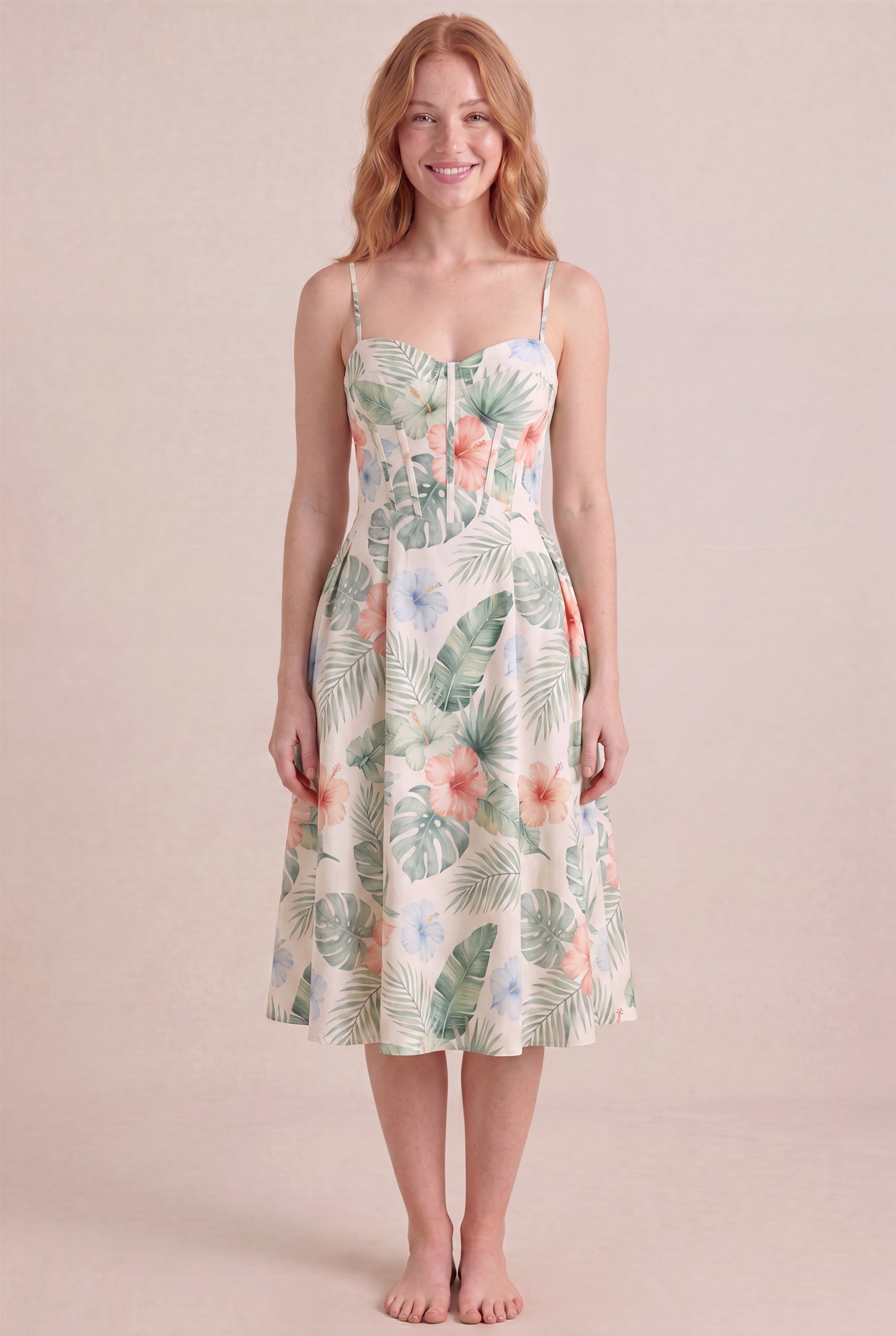 Island Aquarelle Floral Dress – Corset sweetheart bustier, midi length, front view