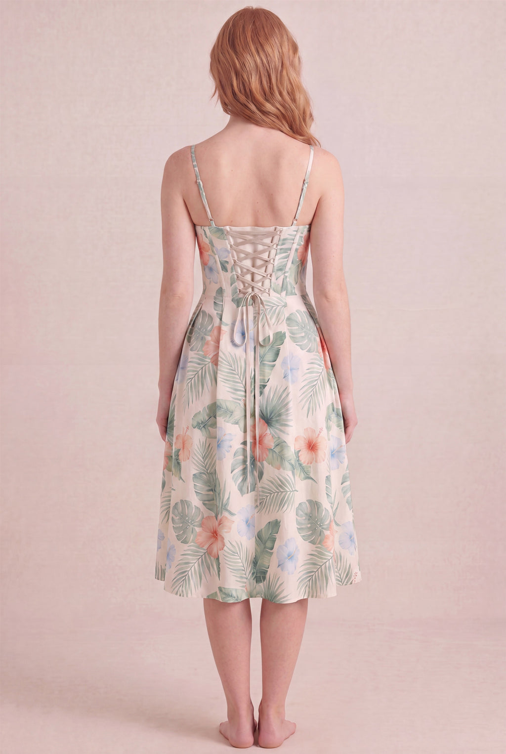 Island Aquarelle Floral Dress – Corset lace-up back, midi length, back view