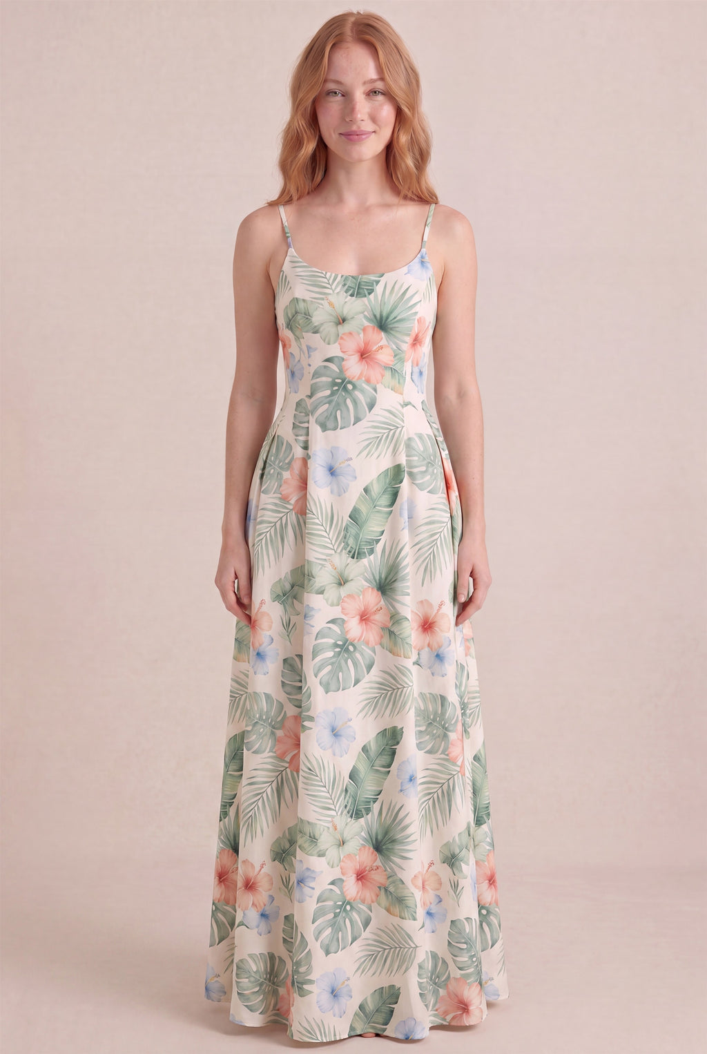 Island Aquarelle Floral Dress – Regular scoop neckline, maxi length, front view
