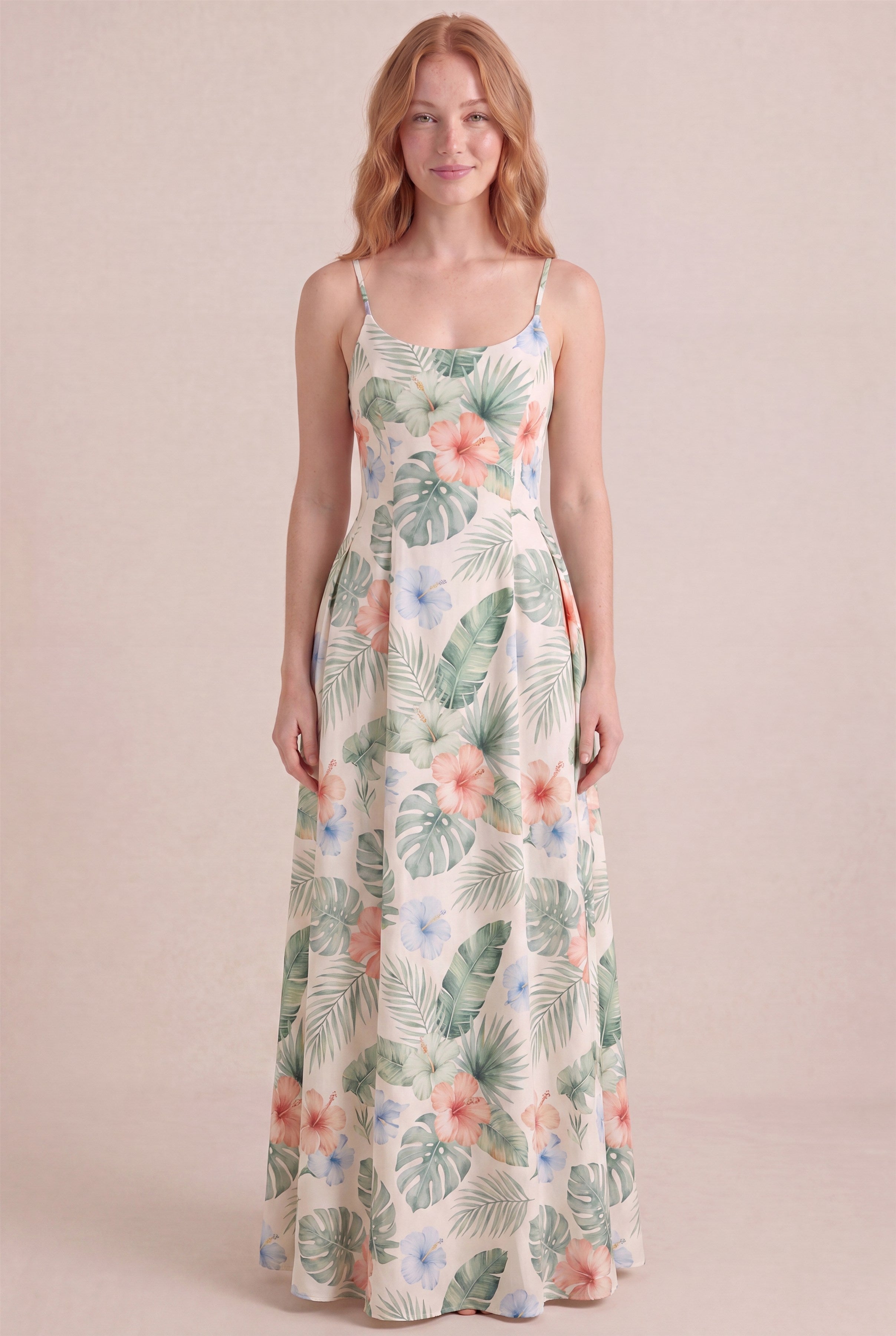 Island Aquarelle Floral Dress – Regular scoop neckline, maxi length, front view