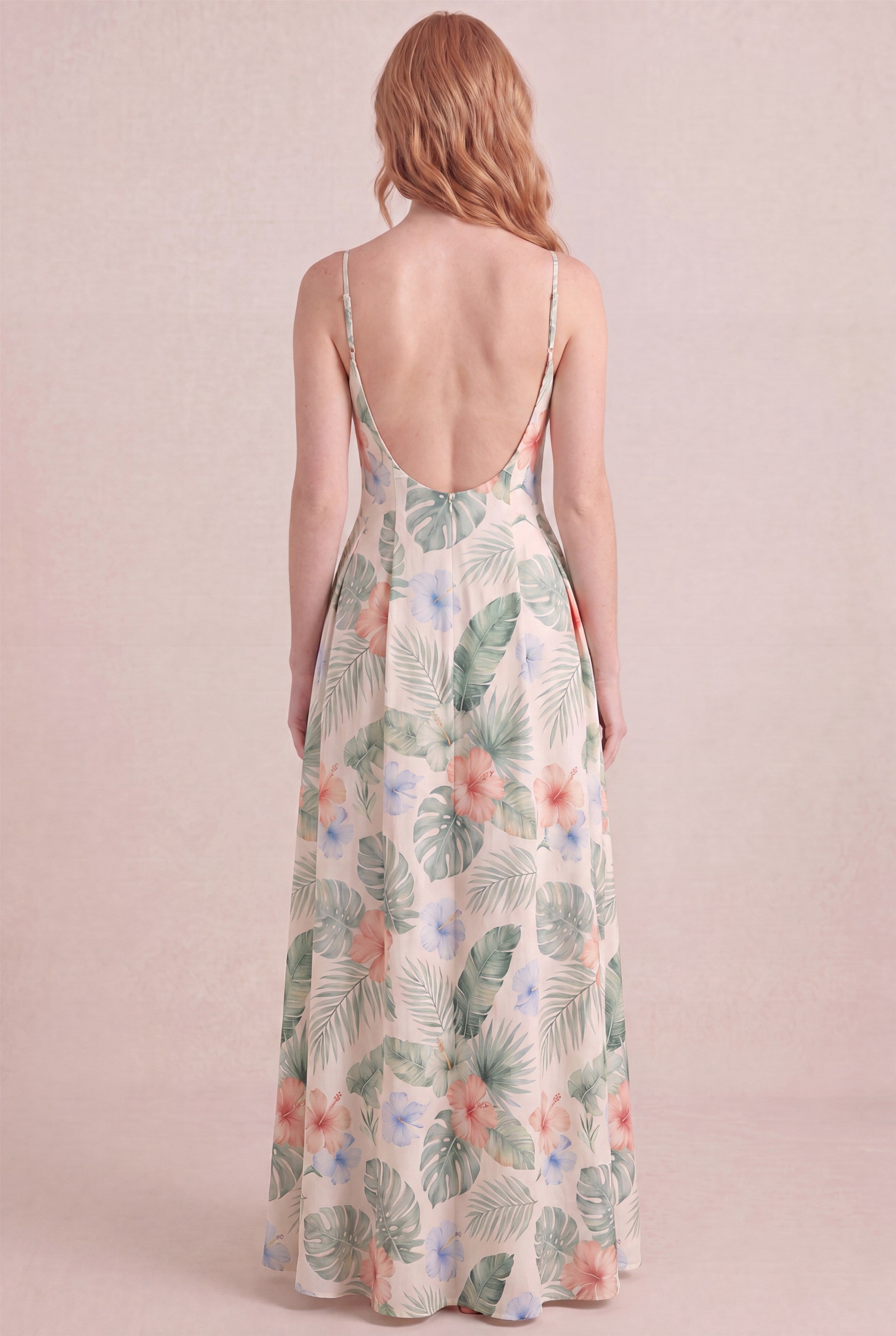 Island Aquarelle Floral Dress – Regular scoop back, maxi length, back view