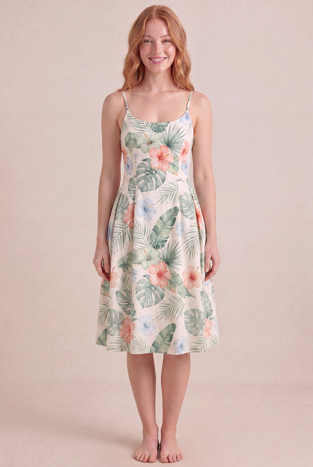 Island Aquarelle Floral Dress – Regular scoop neckline, midi length, front view