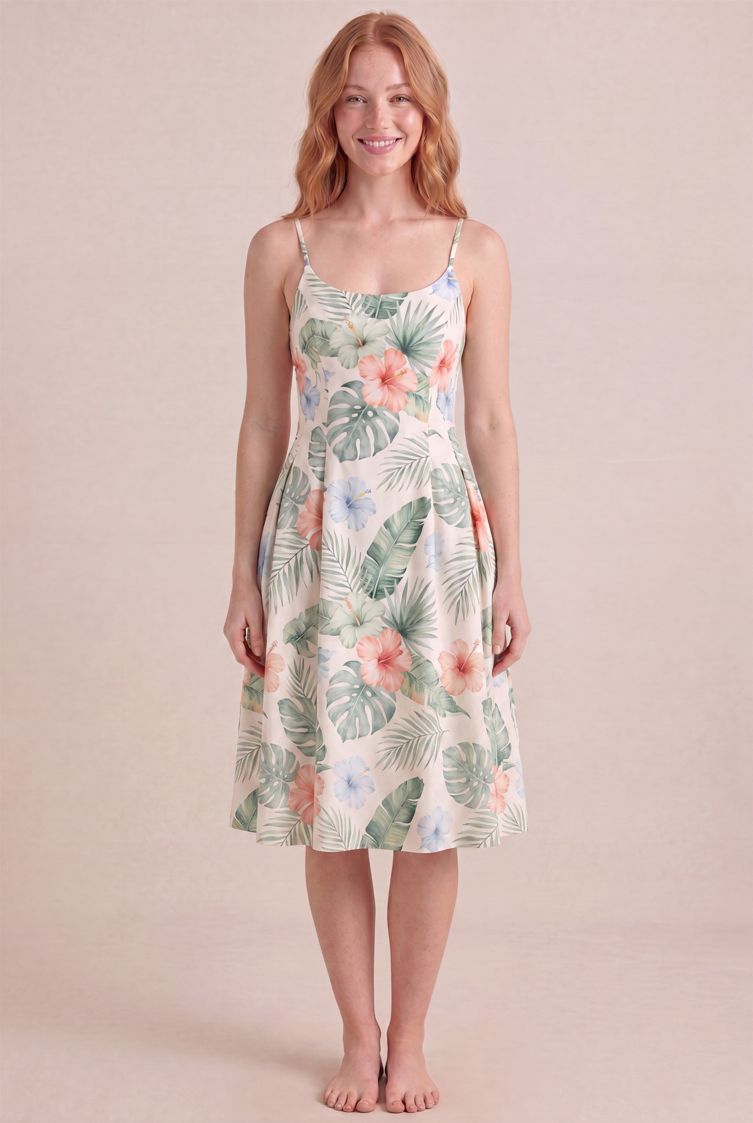 Island Aquarelle Floral Dress – Regular scoop neckline, midi length, front view