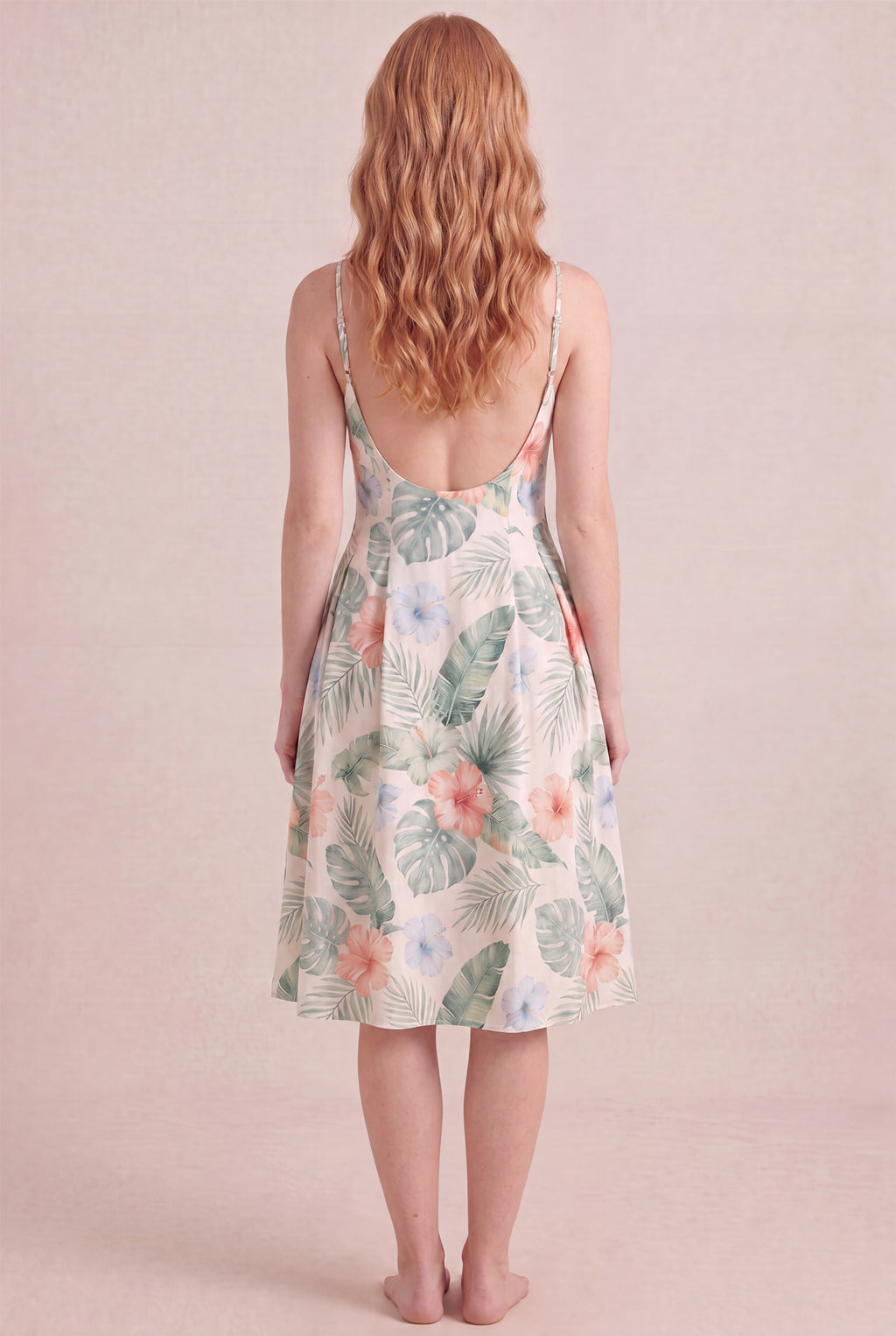 Island Aquarelle Floral Dress – Regular scoop back, midi length, back view