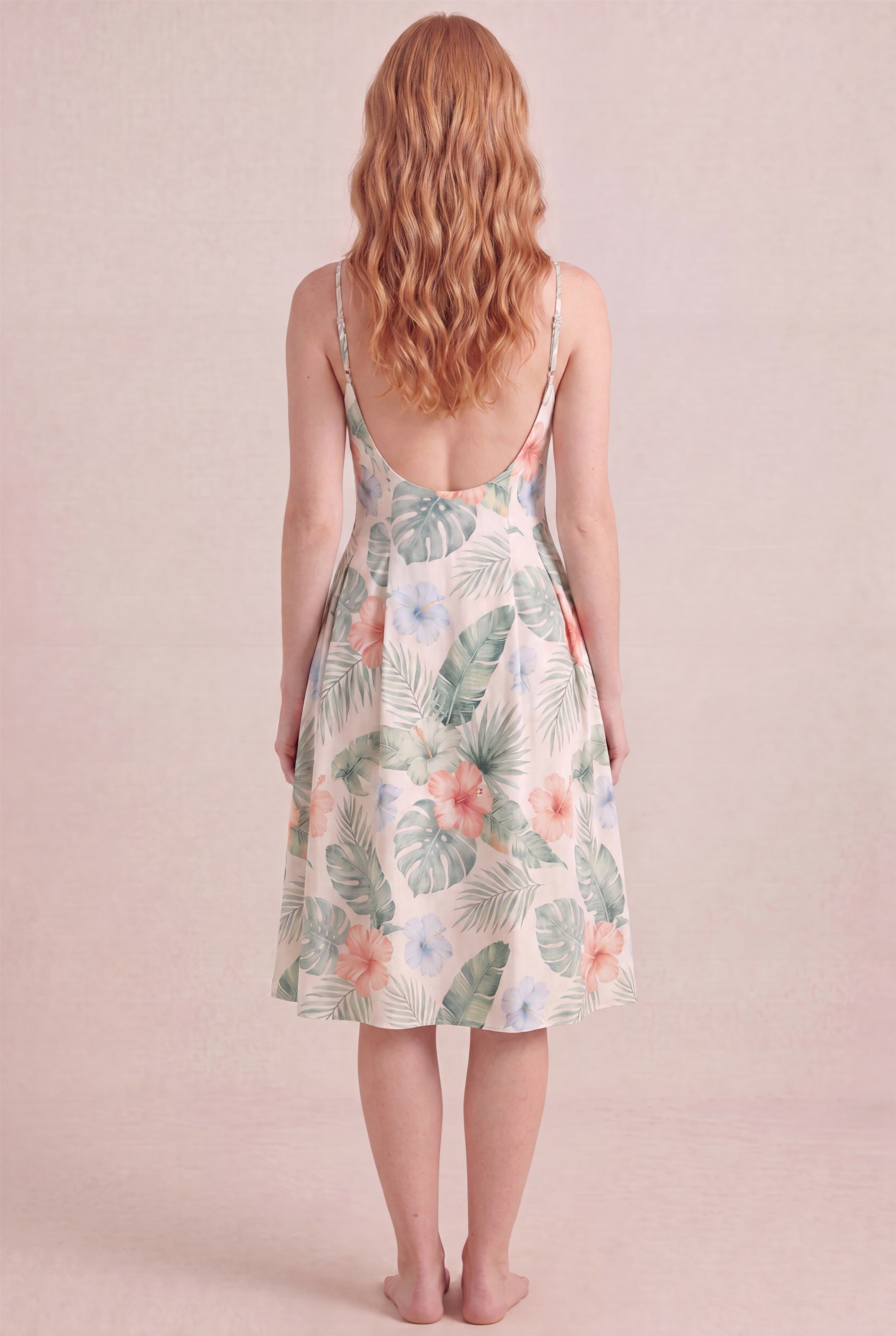Island Aquarelle Floral Dress – Regular scoop back, midi length, back view