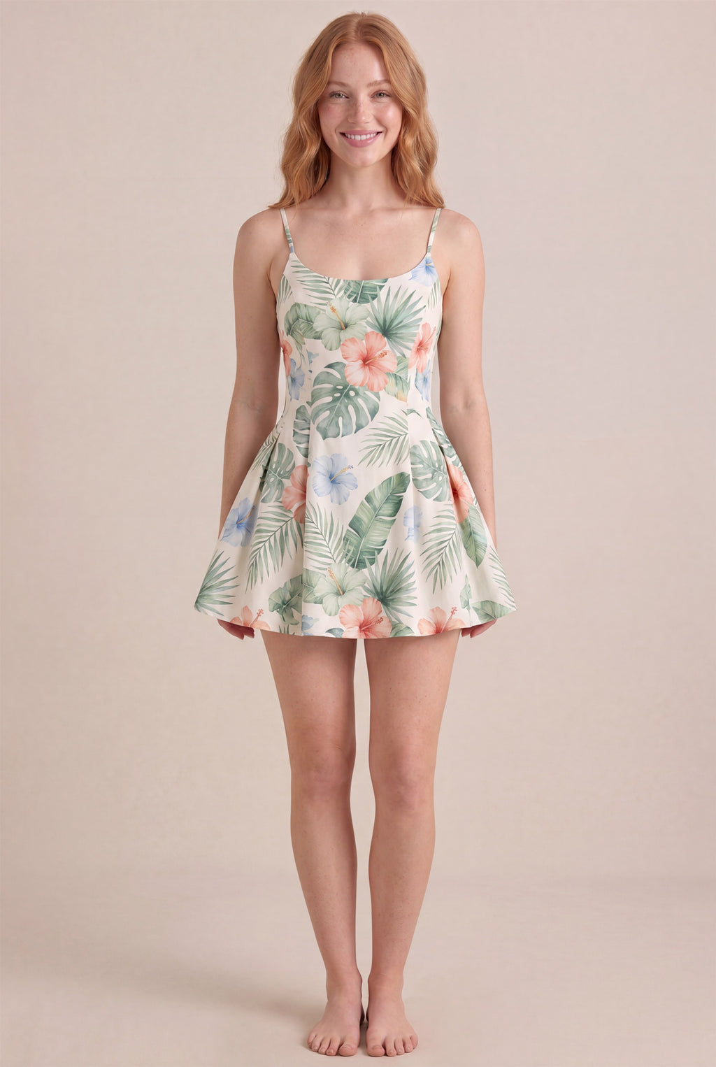 Island Aquarelle Floral Dress – Regular scoop neckline, mini length, front view