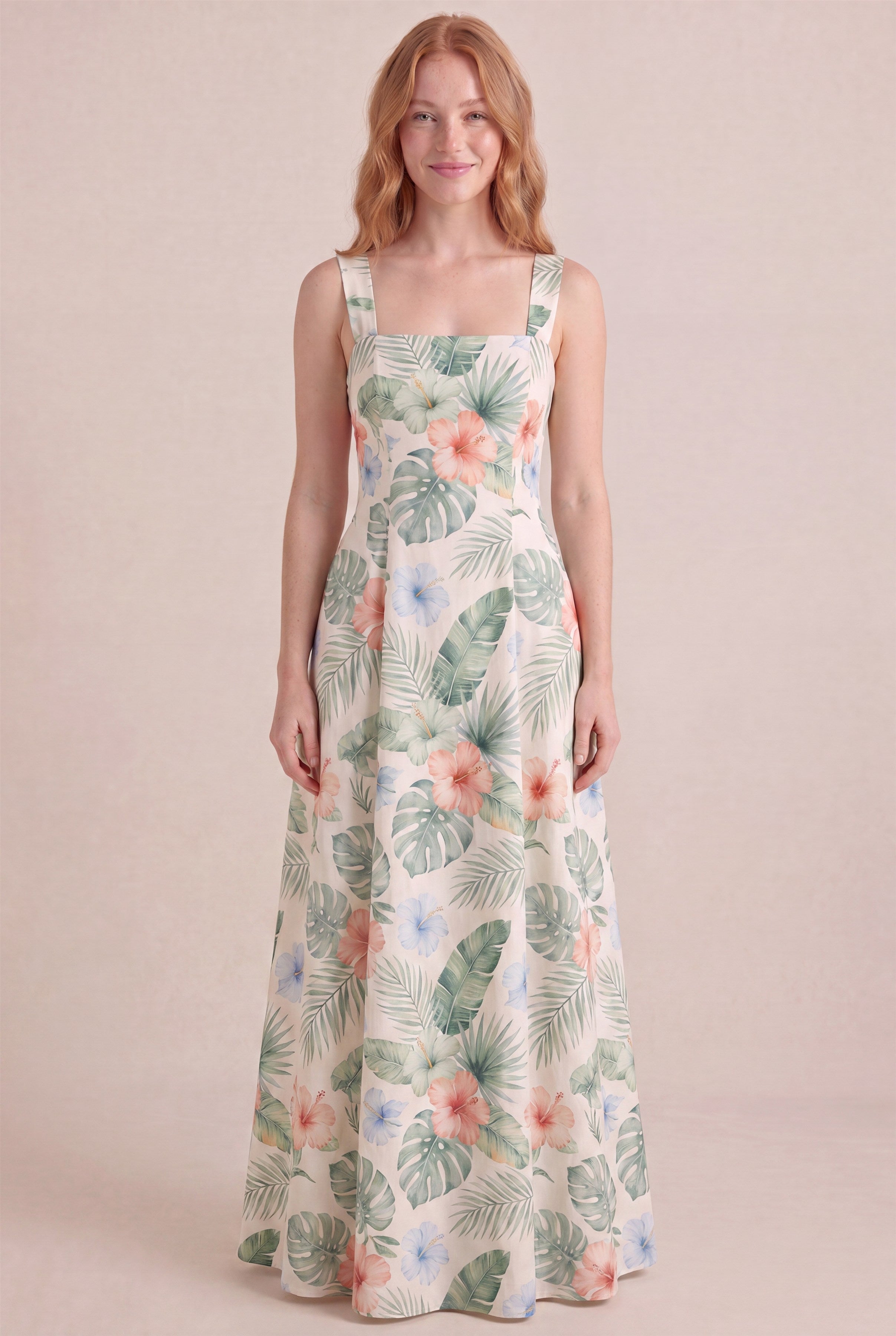 Island Aquarelle Floral Dress – Square neckline thick straps, maxi length, front view