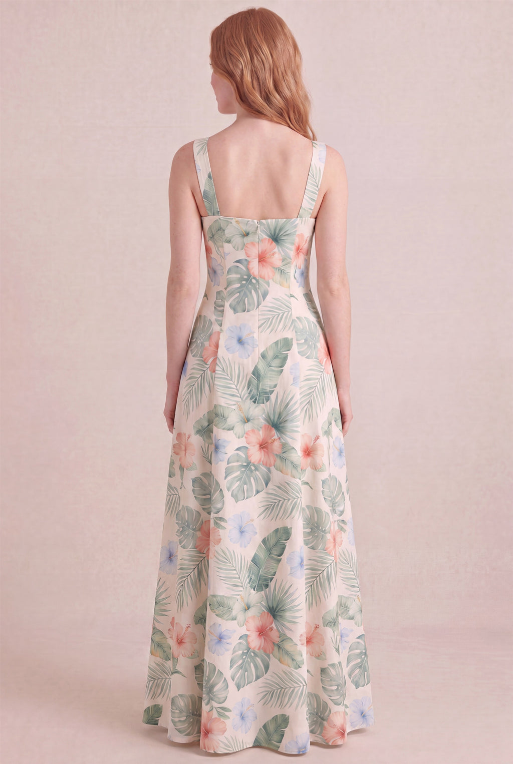 Island Aquarelle Floral Dress – Square neck thick straps back, maxi length, back view