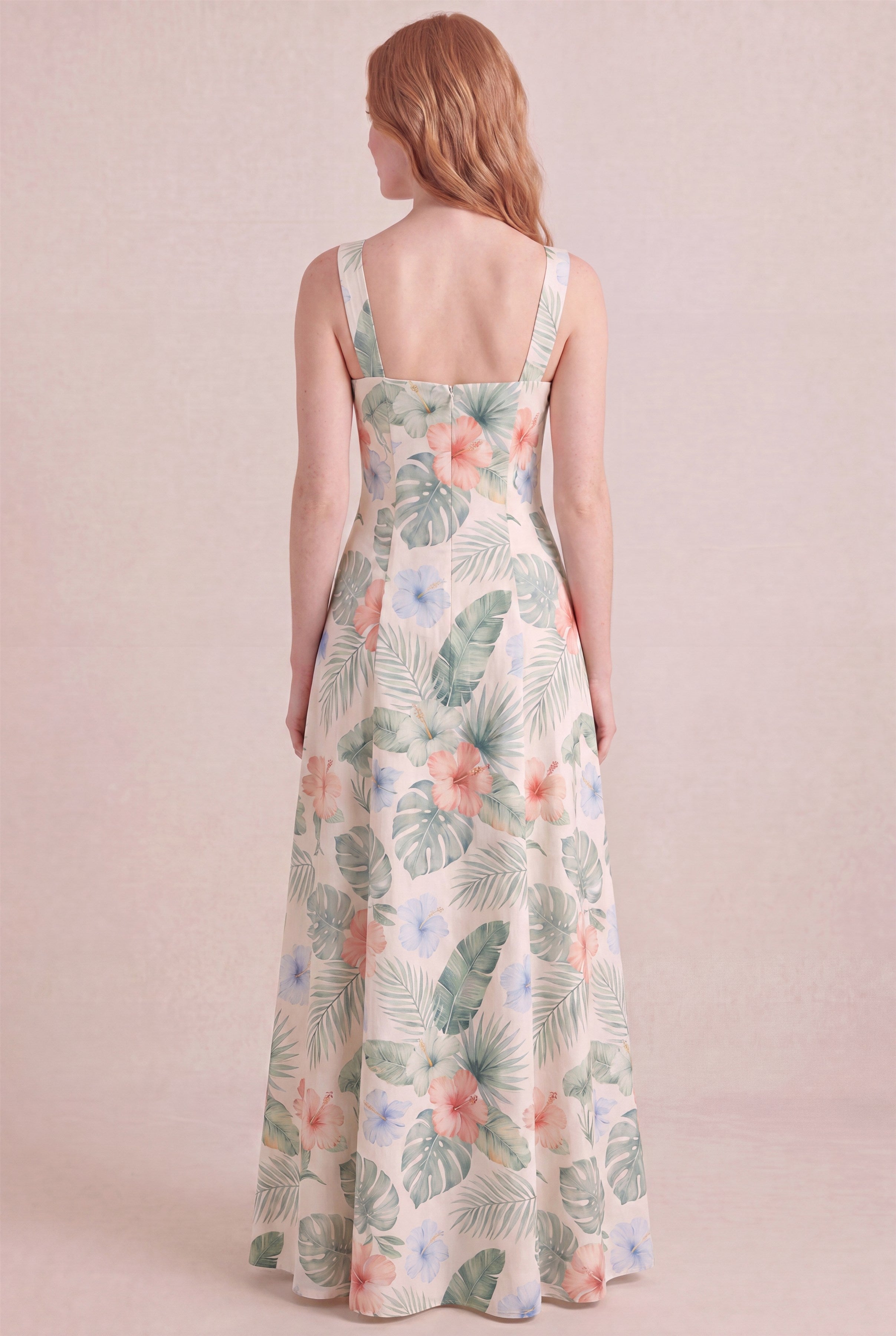 Island Aquarelle Floral Dress – Square neck thick straps back, maxi length, back view