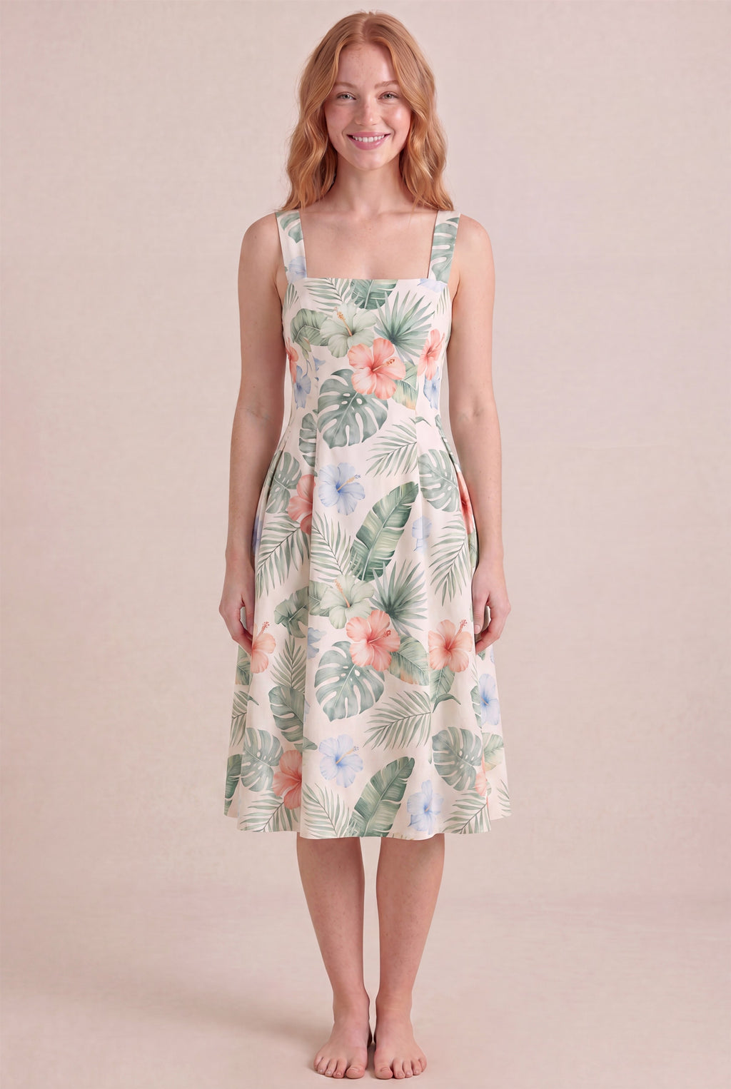 Island Aquarelle Floral Dress – Square neckline thick straps, midi length, front view