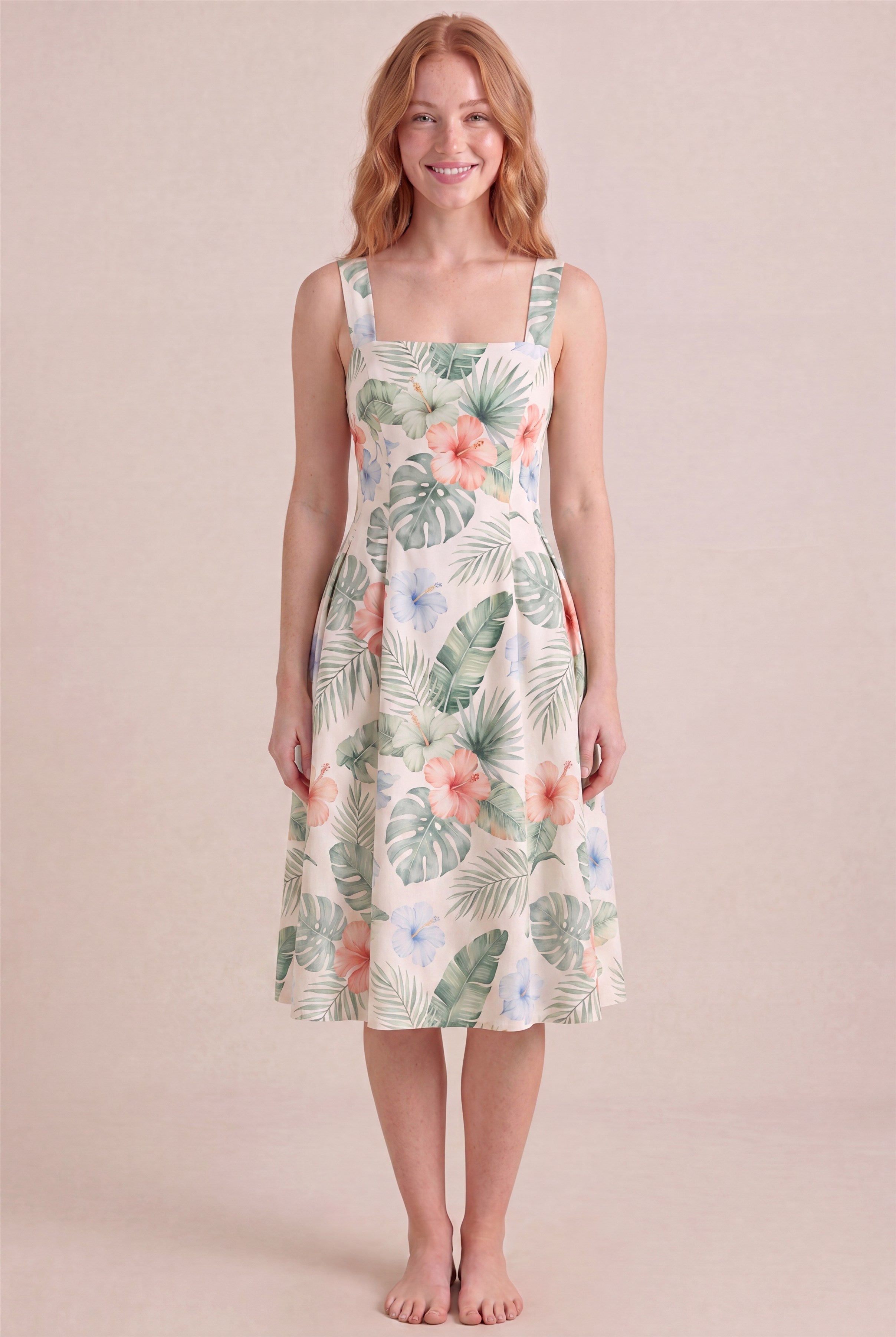 Island Aquarelle Floral Dress – Square neckline thick straps, midi length, front view