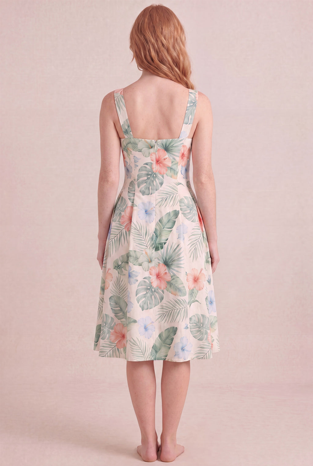 Island Aquarelle Floral Dress – Square neck thick straps back, midi length, back view