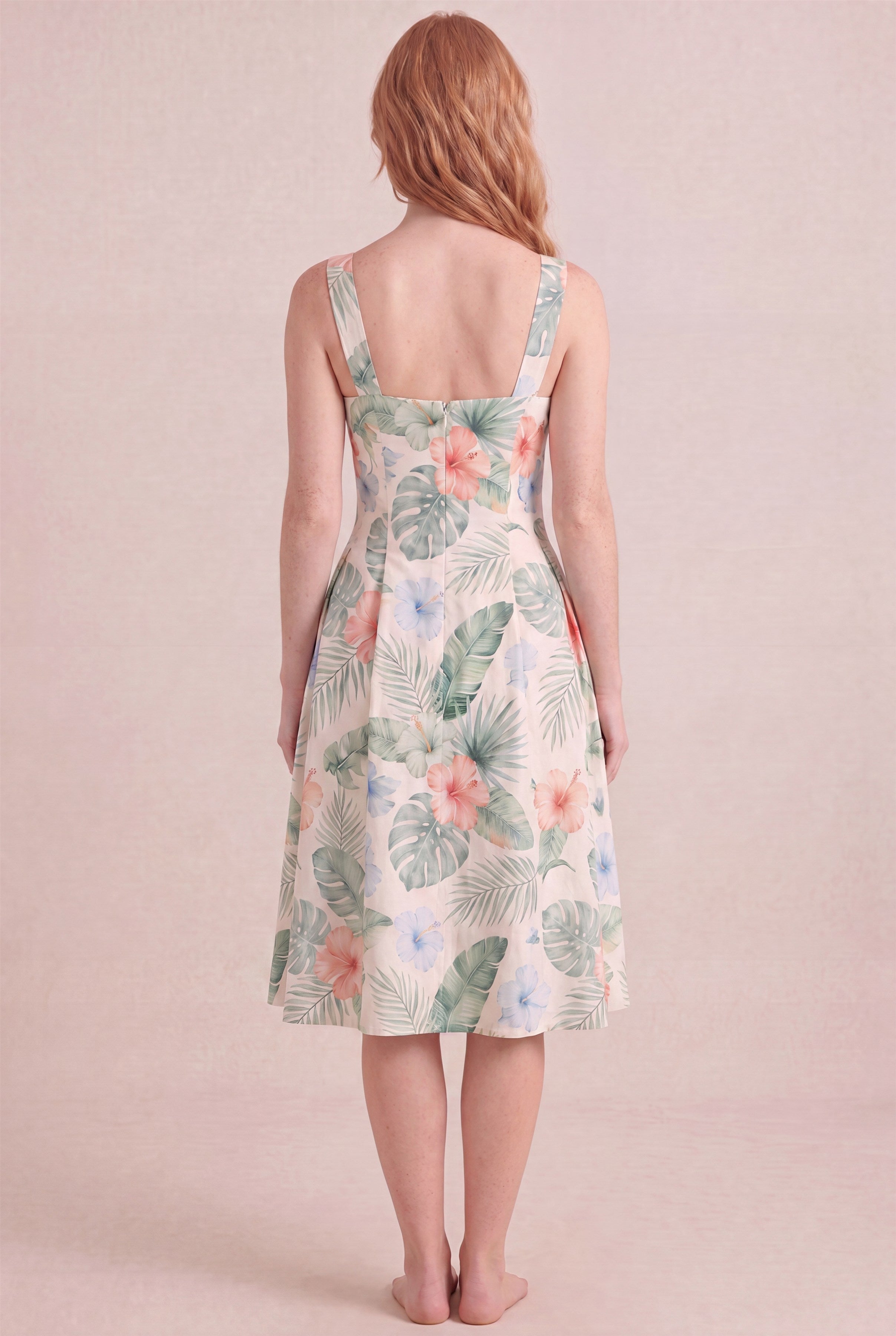 Island Aquarelle Floral Dress – Square neck thick straps back, midi length, back view
