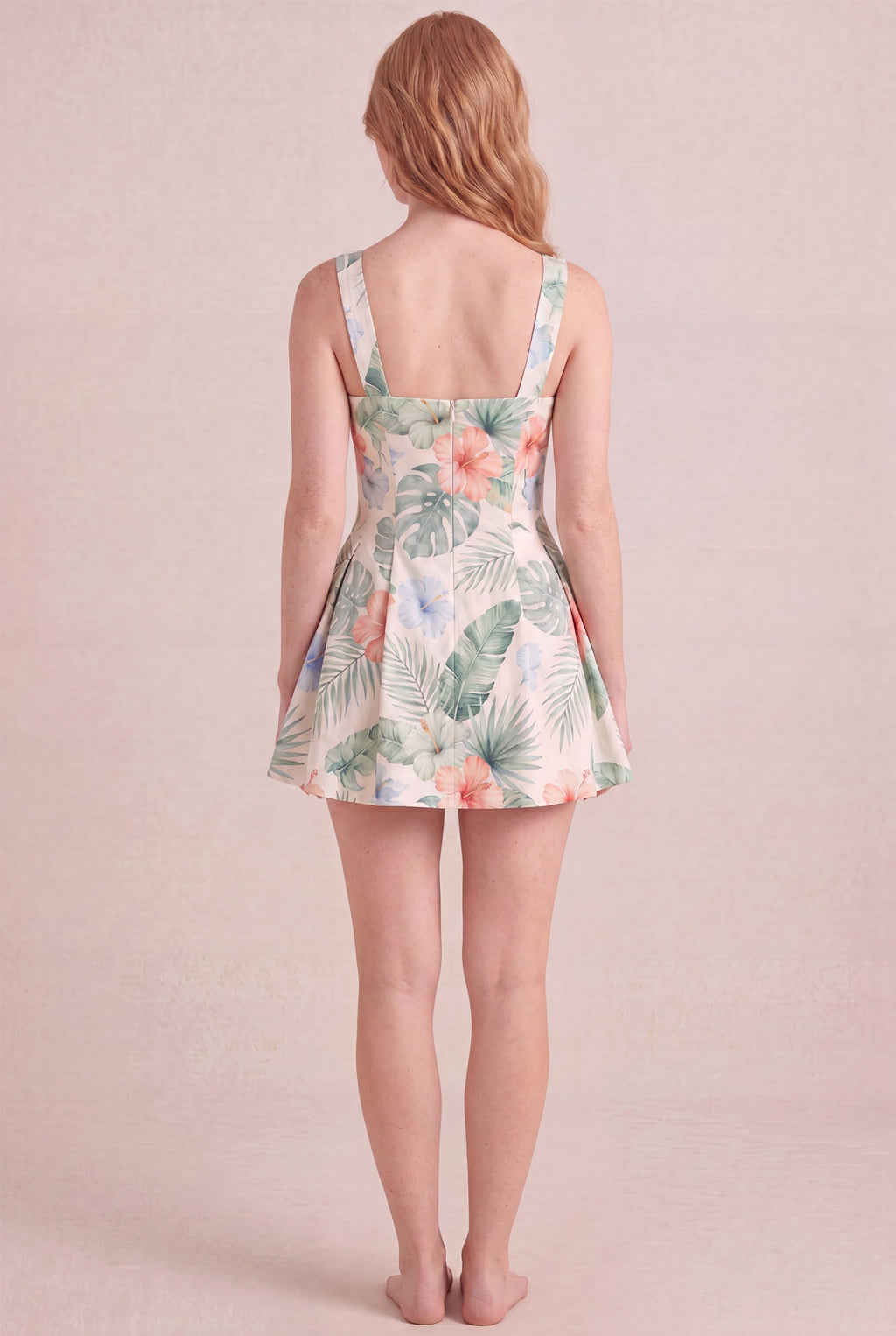 Island Aquarelle Floral Dress – Square neck thick straps back, mini length, back view