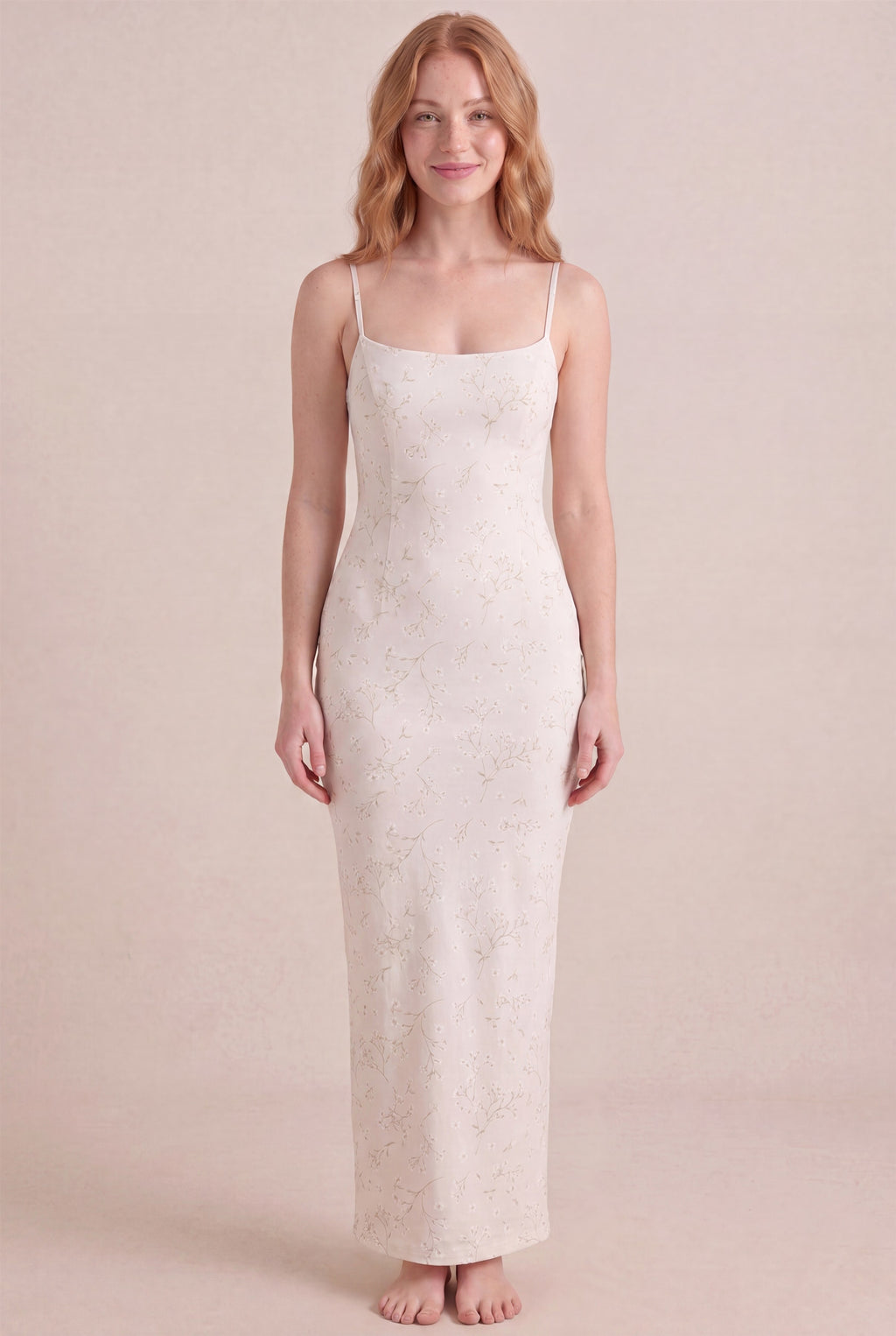 Ivory Whisper Floral Dress – Bodycon body-hugging column, maxi length, front view