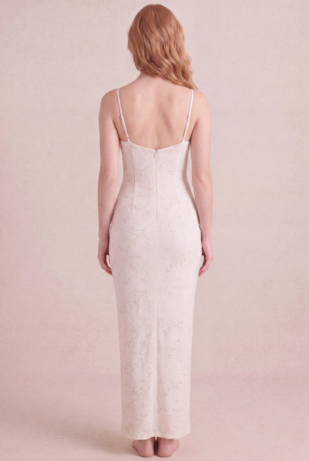 Ivory Whisper Floral Dress – Bodycon low scoop back, maxi length, back view