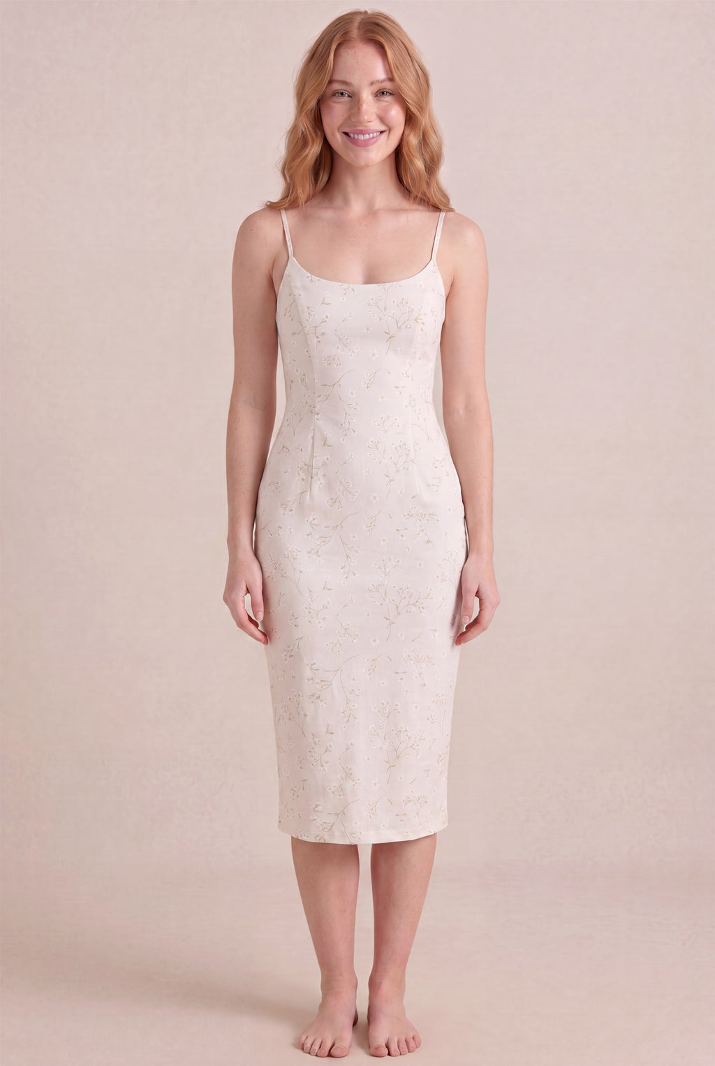 Ivory Whisper Floral Dress – Bodycon body-hugging fit, midi length, front view