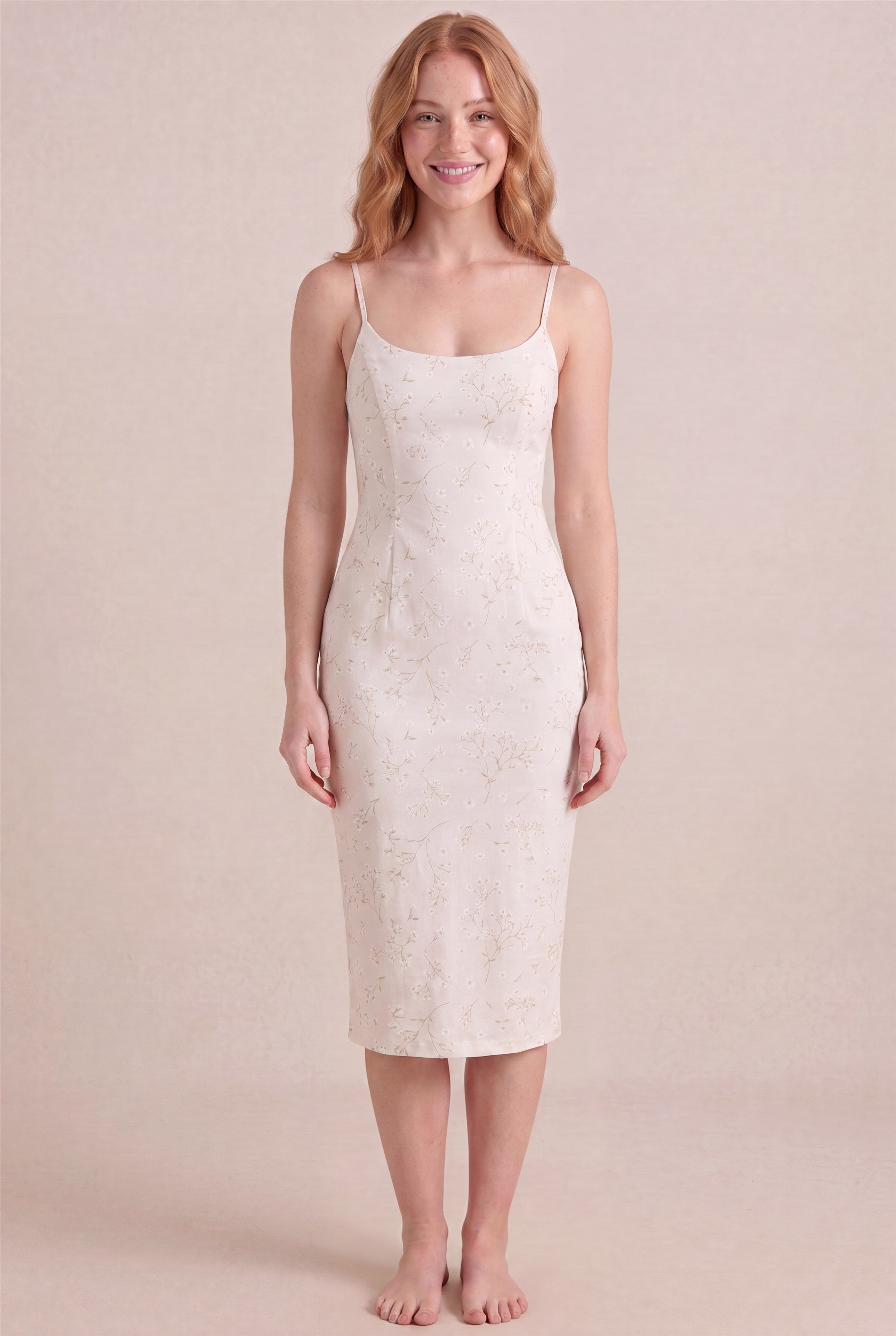 Ivory Whisper Floral Dress – Bodycon body-hugging fit, midi length, front view