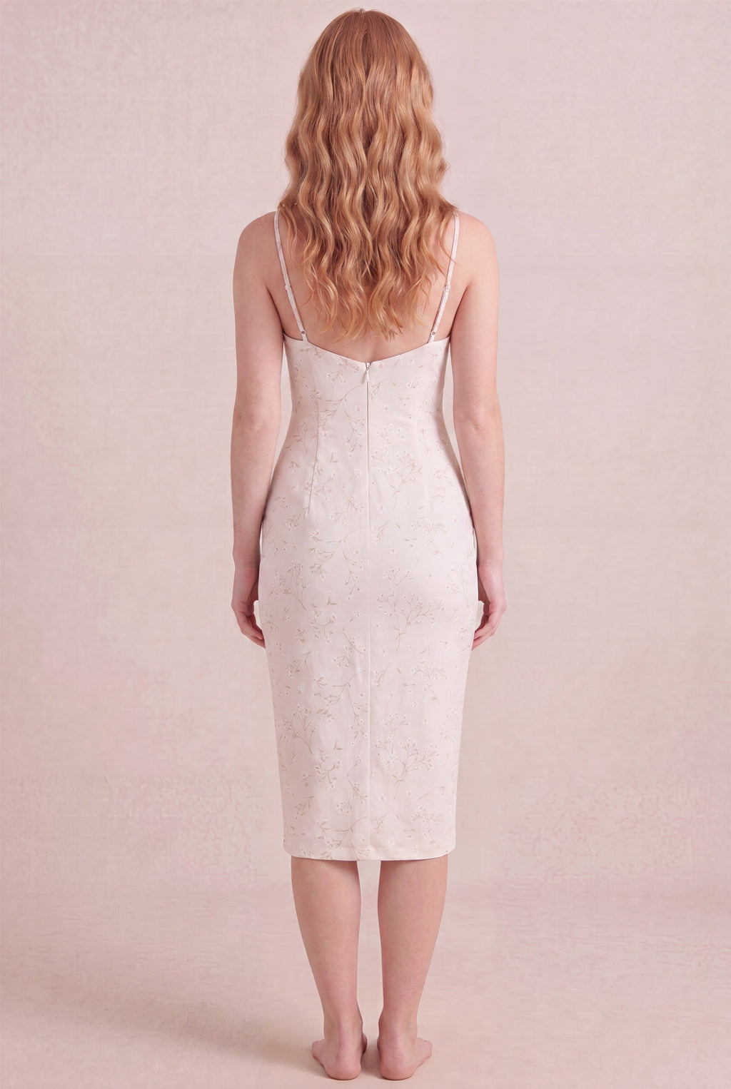 Ivory Whisper Floral Dress – Bodycon low scoop back, midi length, back view