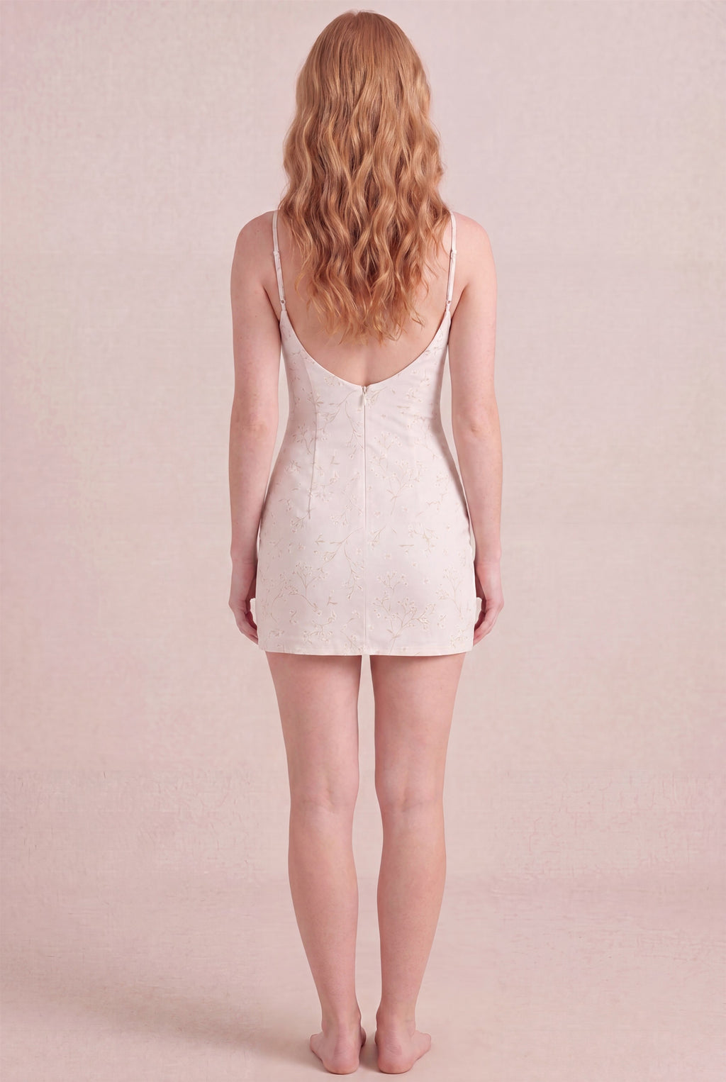 Ivory Whisper Floral Dress – Bodycon low scoop back, mini length, back view