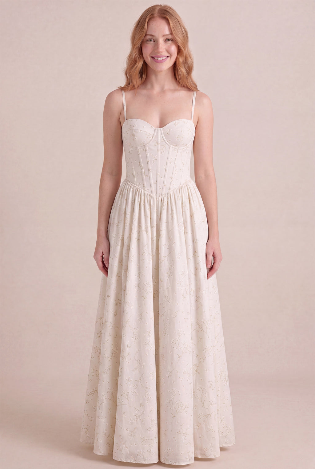 Ivory Whisper Floral Dress – Corset sweetheart bustier, maxi length, front view