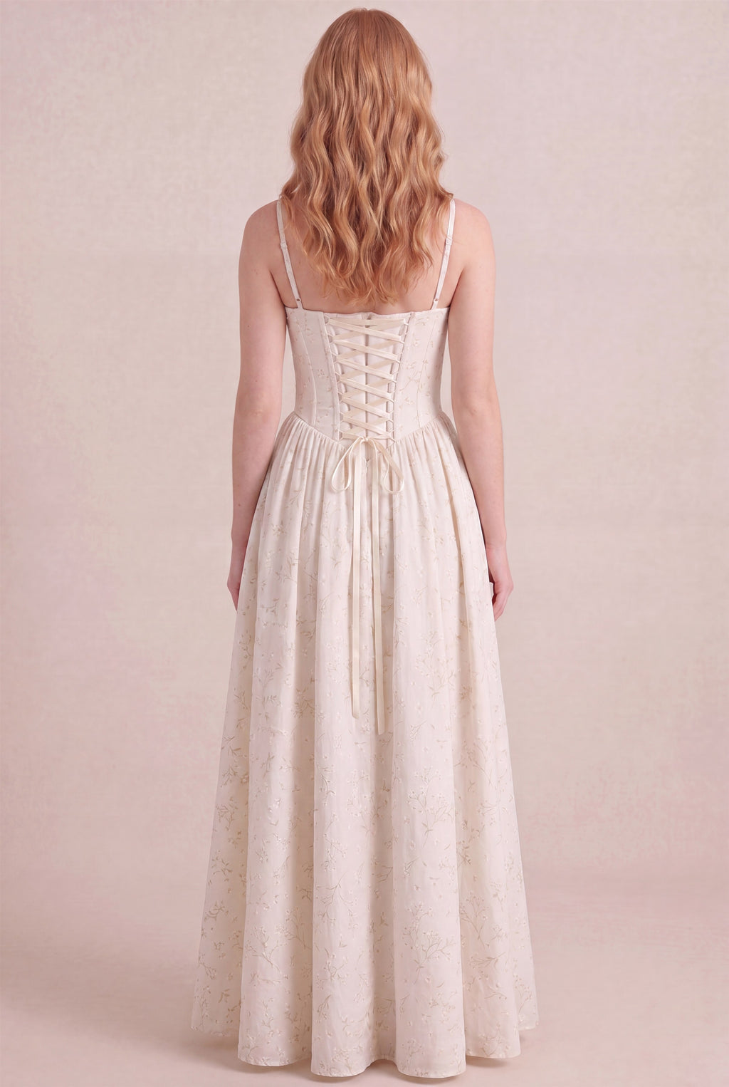 Ivory Whisper Floral Dress – Corset lace-up back, maxi length, back view