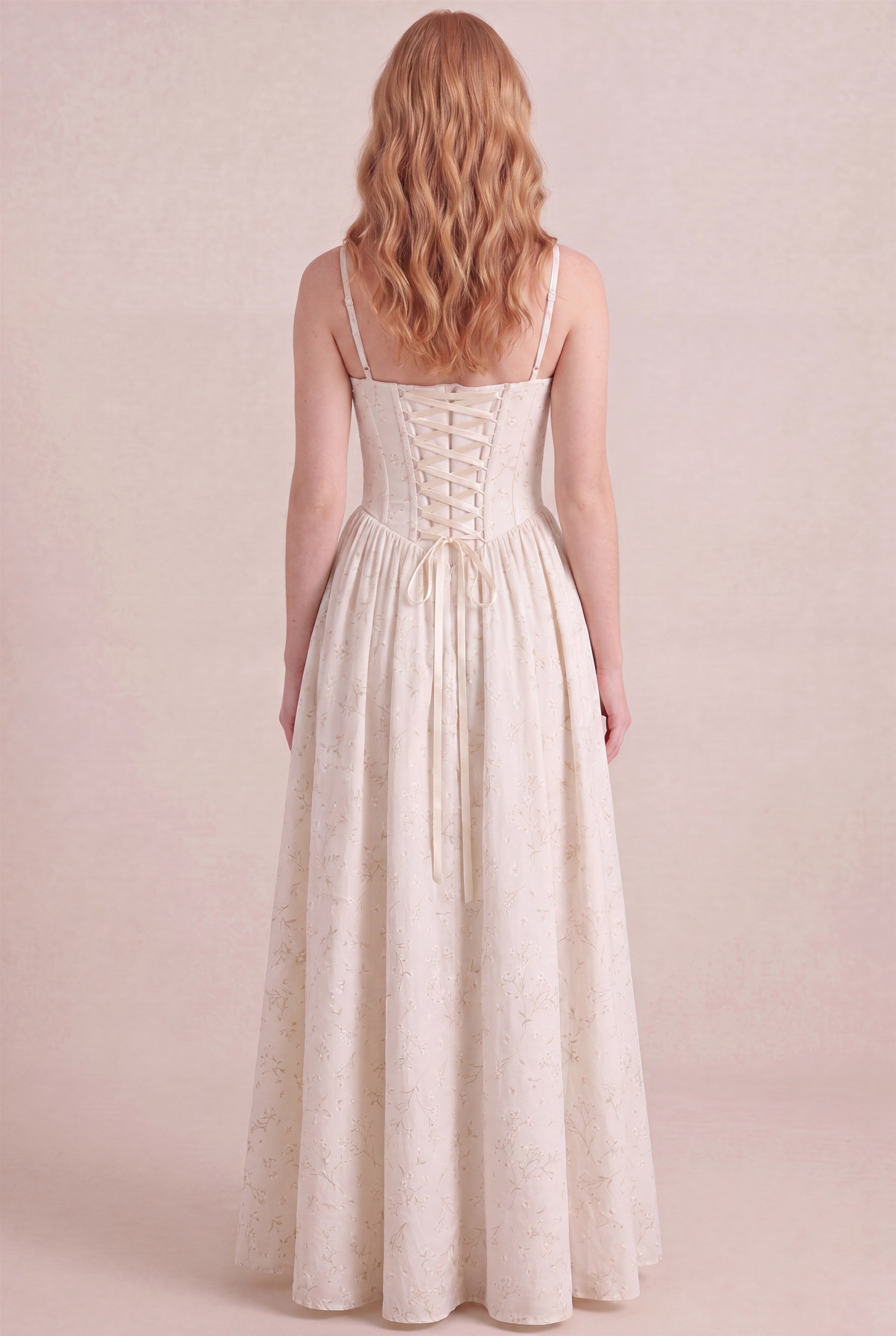 Ivory Whisper Floral Dress – Corset lace-up back, maxi length, back view