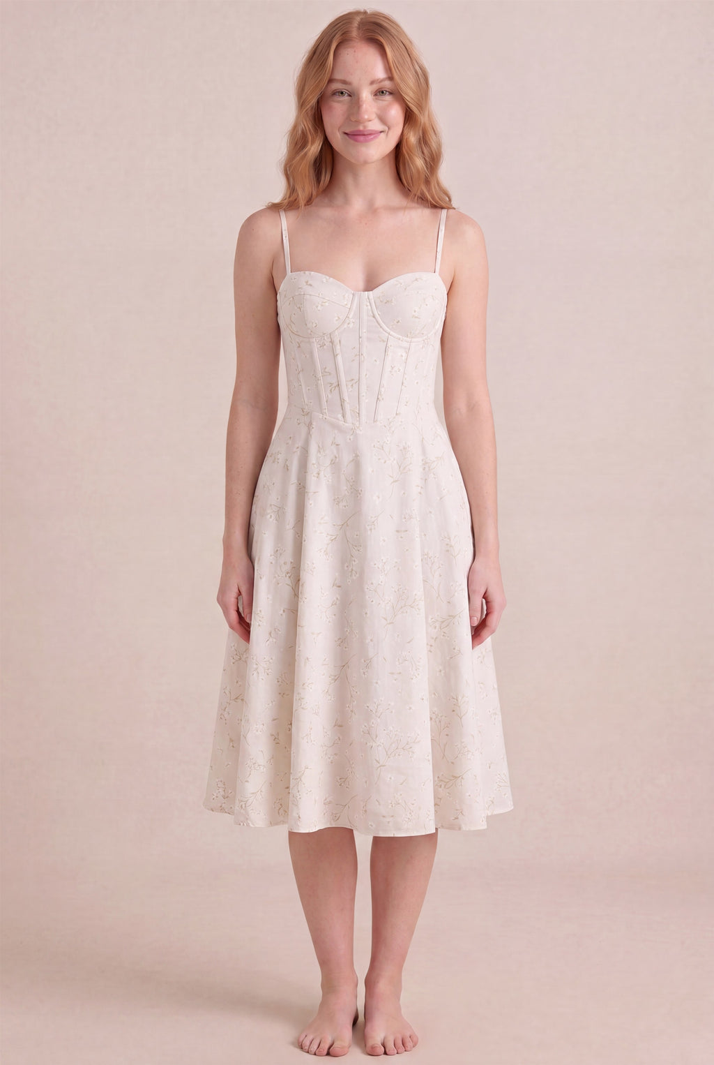 Ivory Whisper Floral Dress – Corset sweetheart bustier, midi length, front view