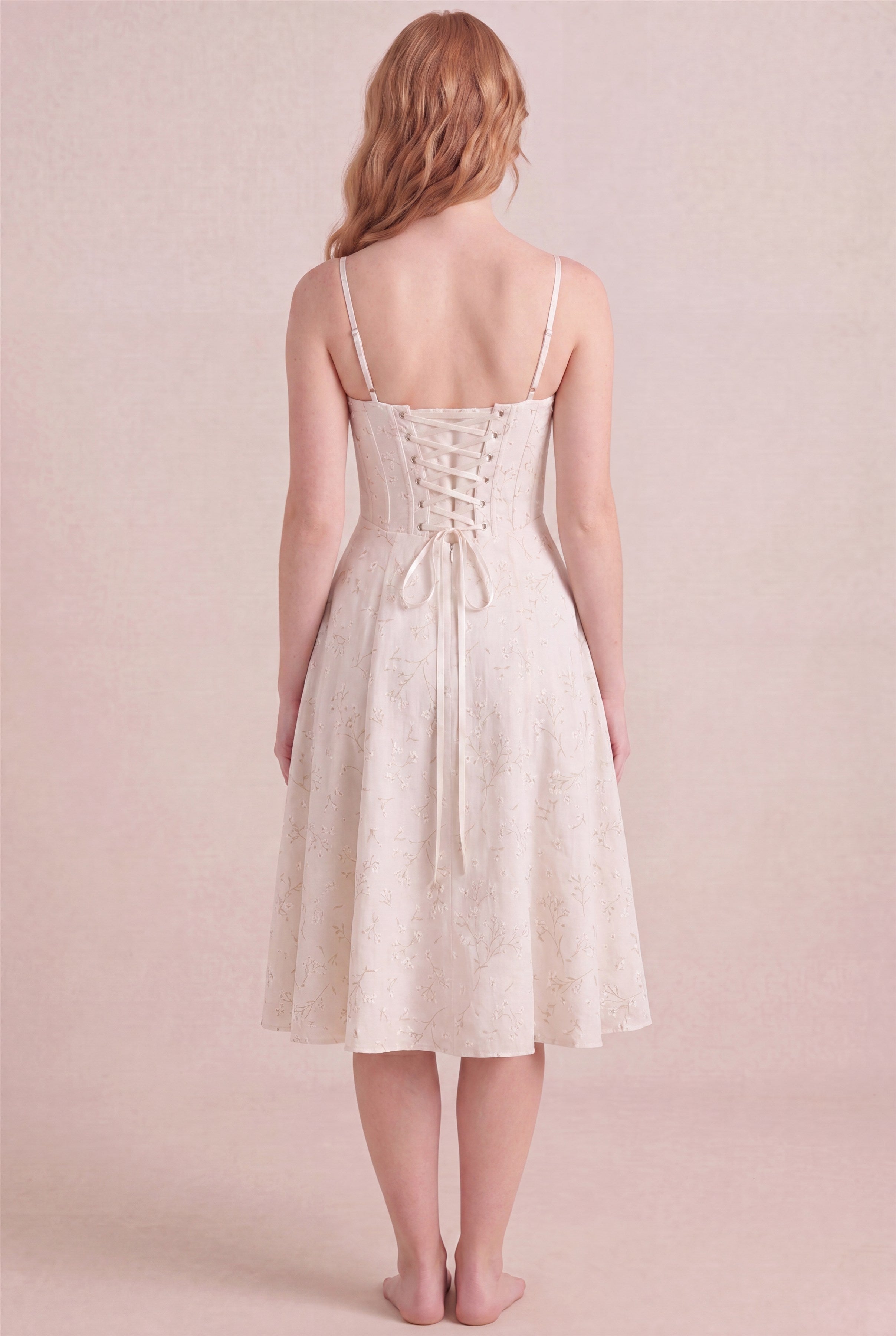Ivory Whisper Floral Dress – Corset lace-up back, midi length, back view